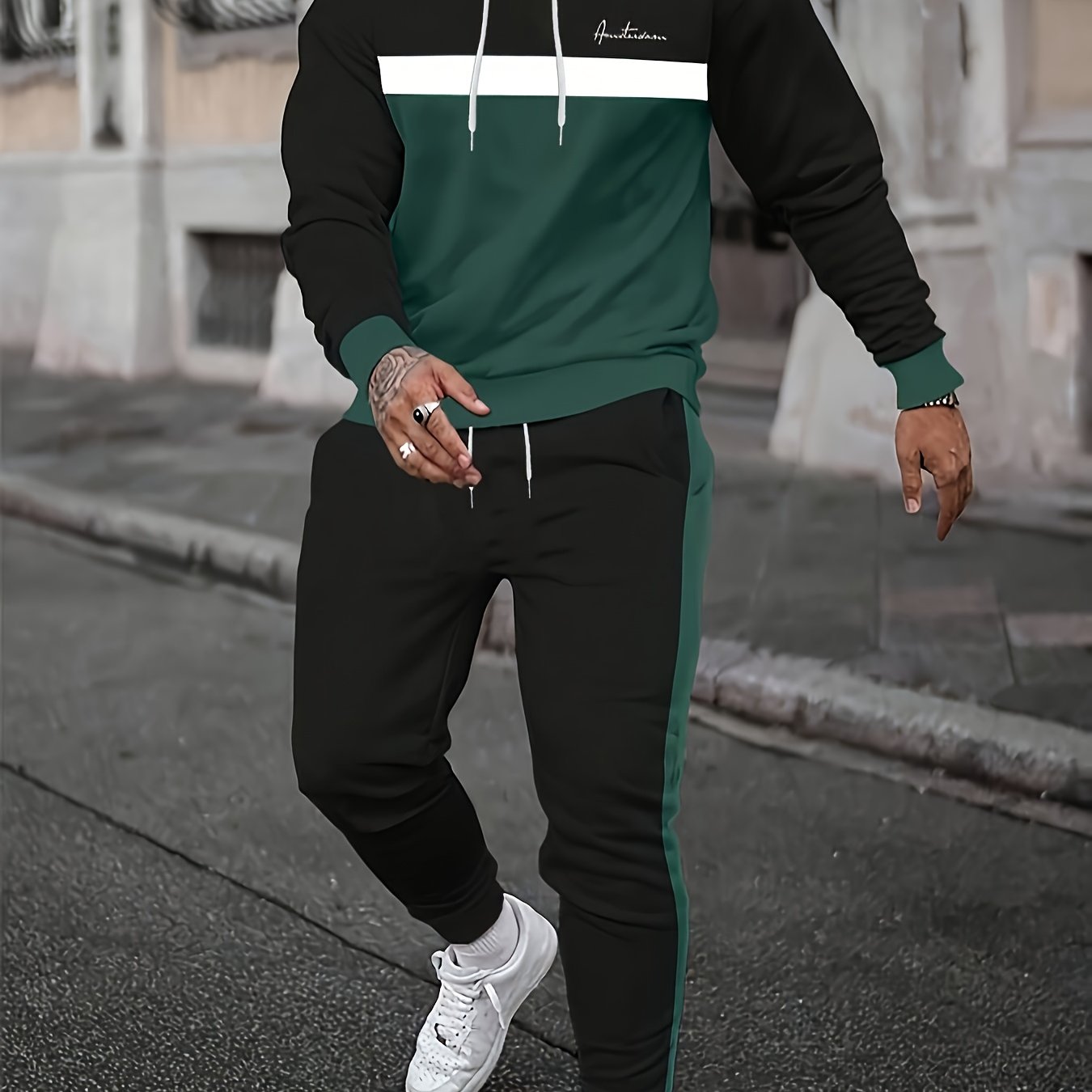 TEMU Men's Casual Fashion Hoodie And Sweatpants Set With Letter Print, Design, 100% Polyester Machine Washable Perfect For Spring/fall