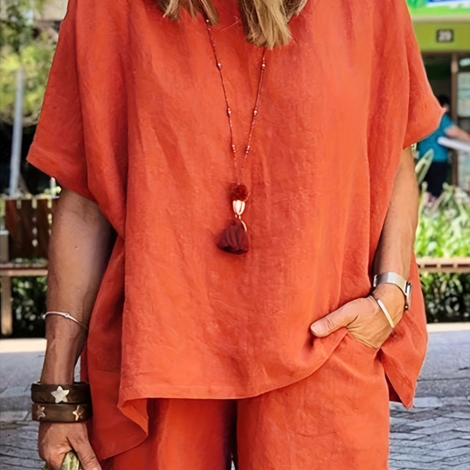 E-shop Damen Sommer Neues Einfarbiges Leinen Shorts Set, Modisches und Elegantes Lässiges Damen Top und Shorts Zweiteiler Set