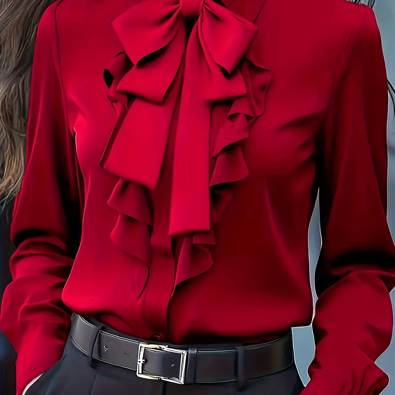 TEMU Elegant Women's Golden Blouse With Ruffle Bow Details - Long Sleeves, Button-up Shirt Suitable For Office Or Casual Wear, Top, Casual Shirt |