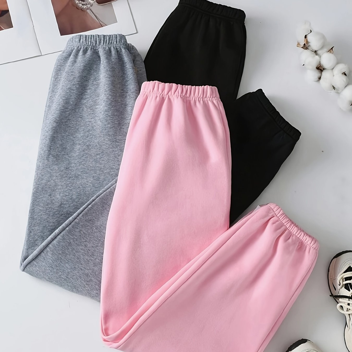 TEMU 3-pc Girls' Fashion Long Pants Set In Black   Pink   Gray, Jogger Pants, -lined Sweatpants, Casual Sweatpants, Relaxed And Sport Style, Best
