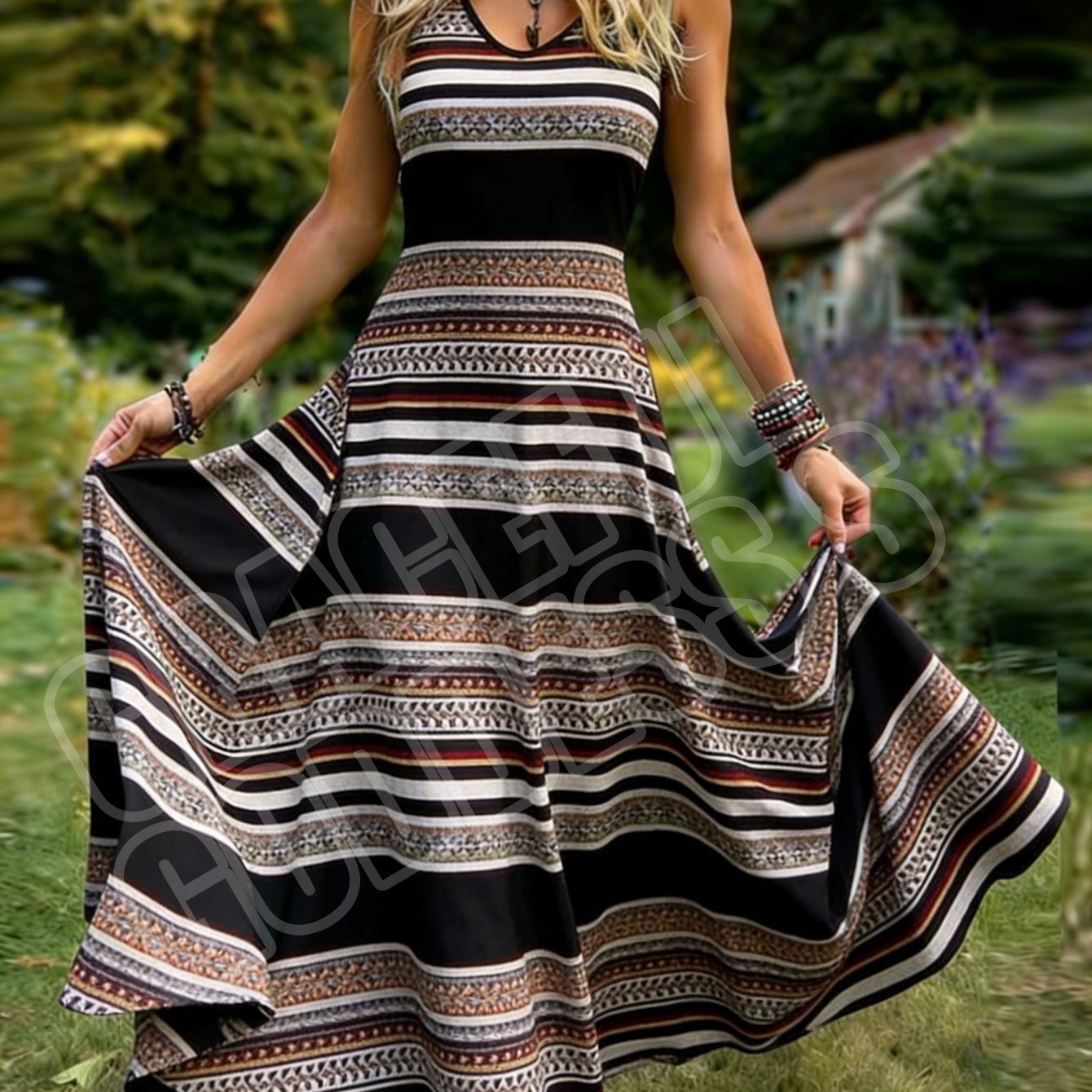Image of Sleeveless V-neck Pastoral Women's Dress, Retro-style Floral Print A-line Maxi Skirt, Machine Washable, Ideal For Beach Date & Summer