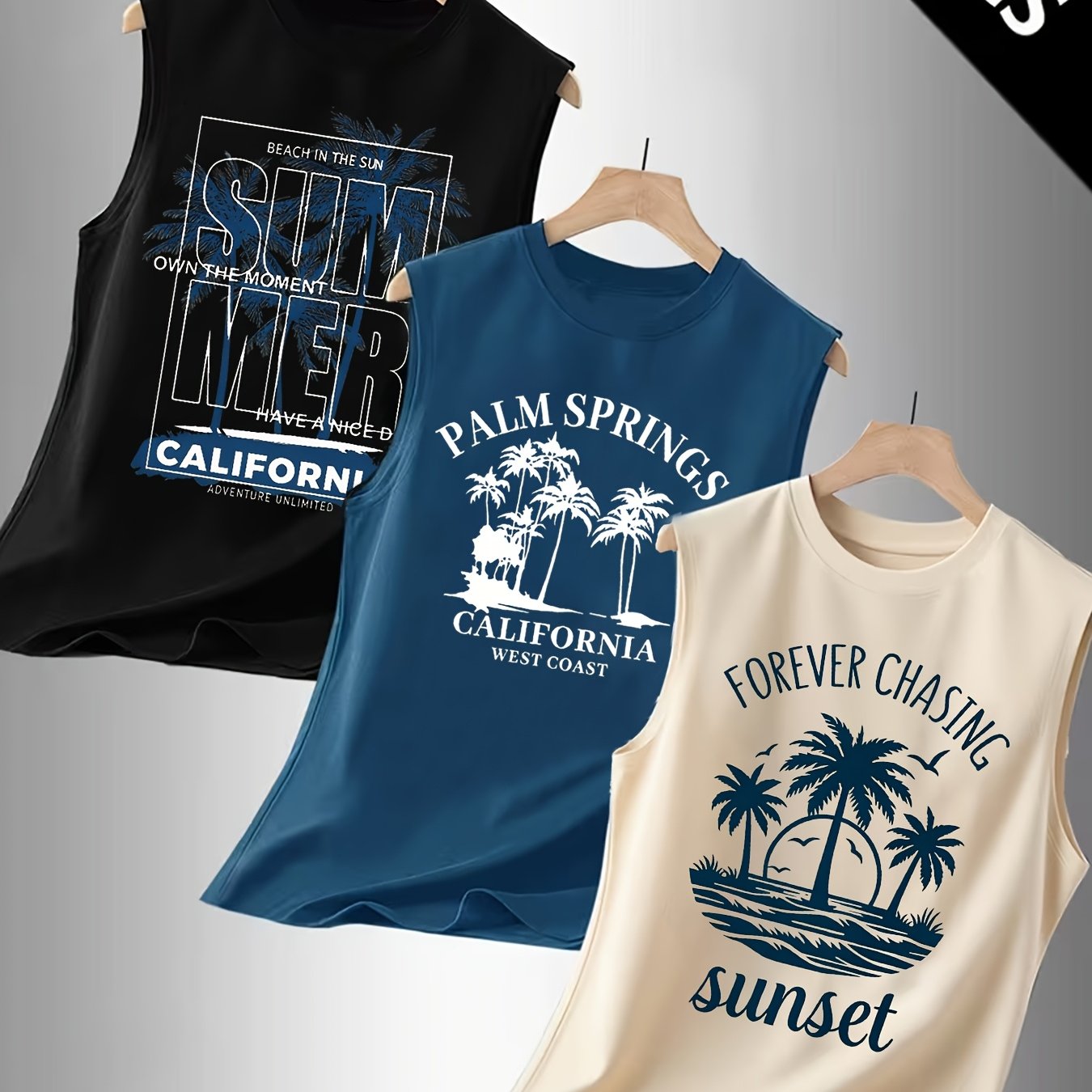 TEMU Men's Summer Refreshing Casual Pattern Print Sleeveless Tank Top 3pcs Set