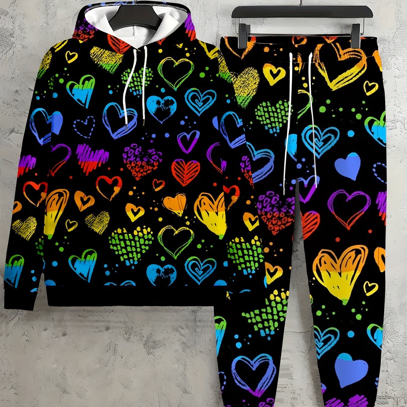 TEMU Plus Size - Plus Size - Large Size Casual 2pcss Set, Women's Oversized Heart-shaped Printed Pocket Hoodie And Drawstring Pocket Jogging 2pcss