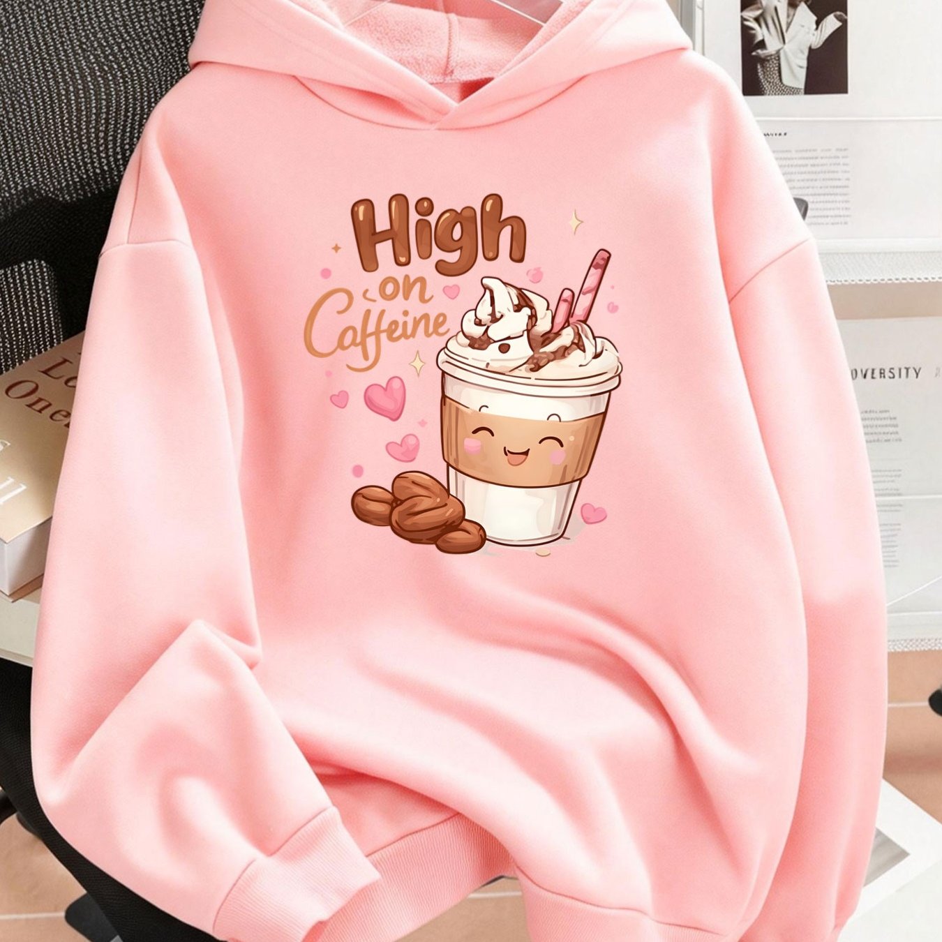 TEMU Plus Size 1pc Fashion Women's Autumn/winter Warm Hooded Sweatshirt, Elegant And Beautiful Y2k Style With Coffee Cup And Heart Pattern, Cute And