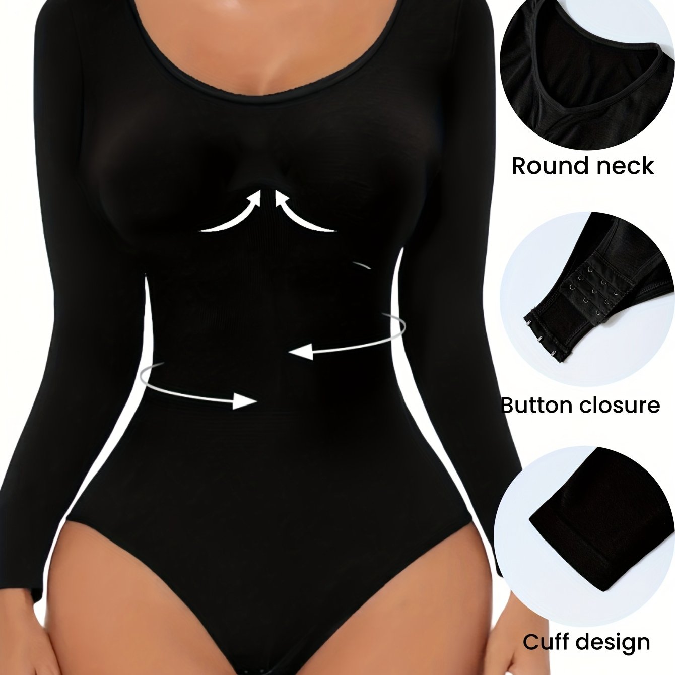 Image of 1pc Women's Ribbed Tummy Control Shaping Warm Bodycon Bodysuit, Seamless Long Sleeve Round Neck Design, Fitted And Comfortable, Fabric, Perfect For Daily Wear