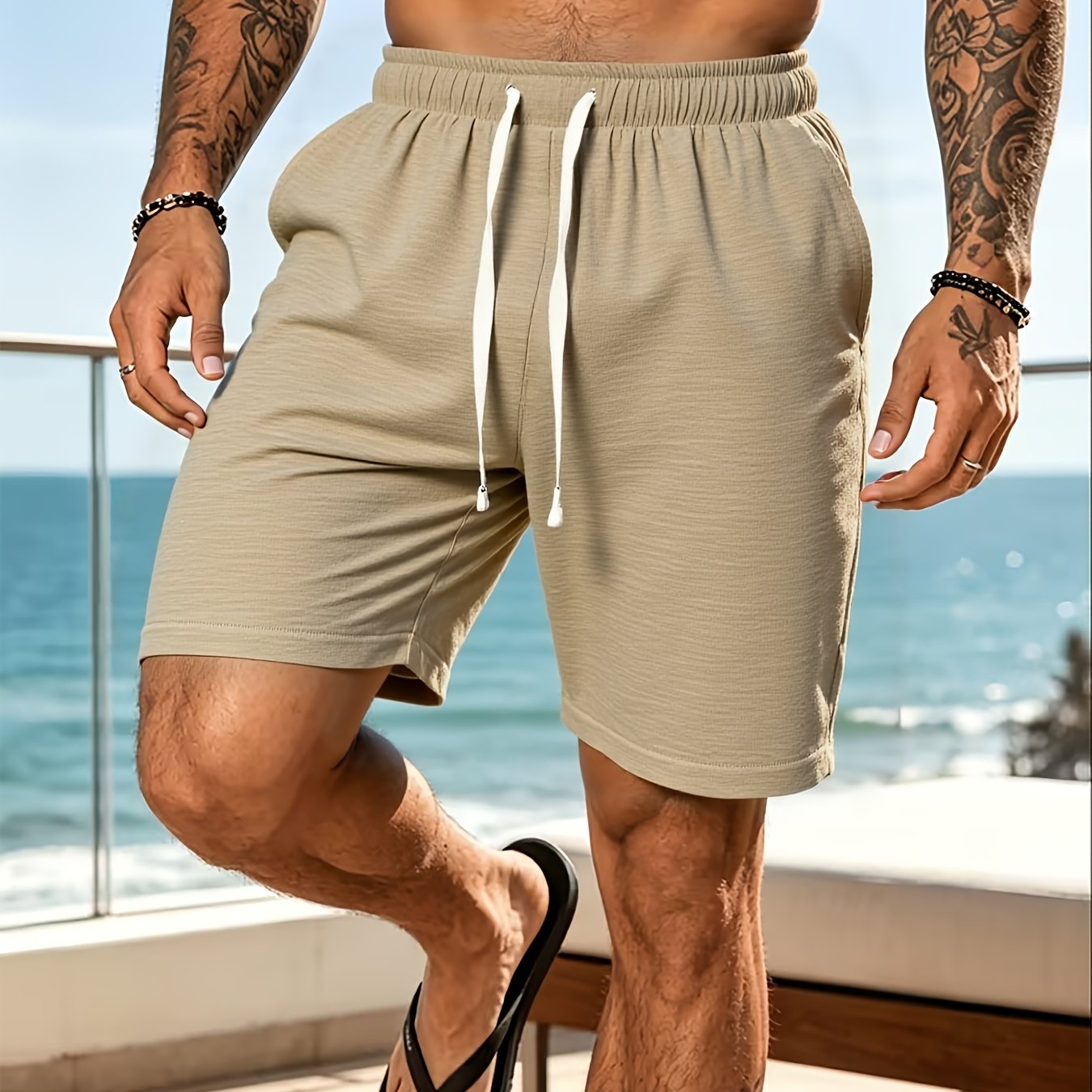 TEMU Men's Casual Solid Texture Loose Shorts, Adjustable Drawstring Waistband, Straight Loose Fit | Daily , Outdoor , Gym Light Exercise | Non-picky