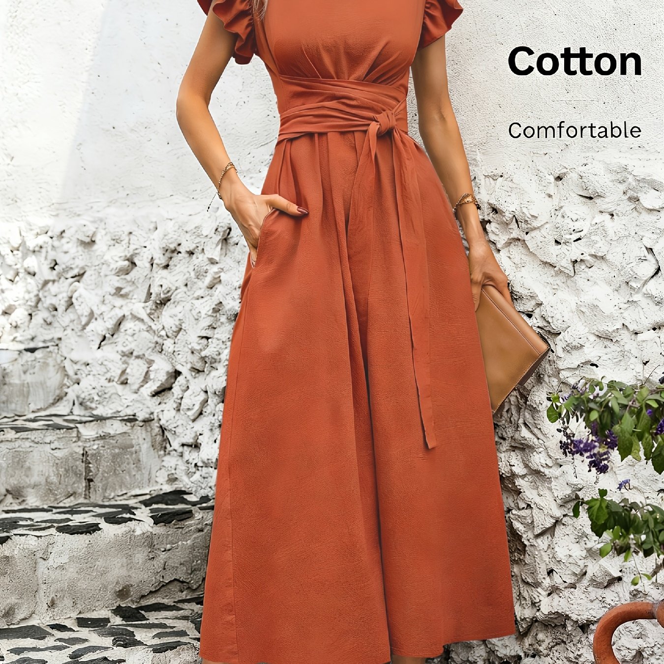Image of Women' Color Casual Ruffle Sleeve Dress