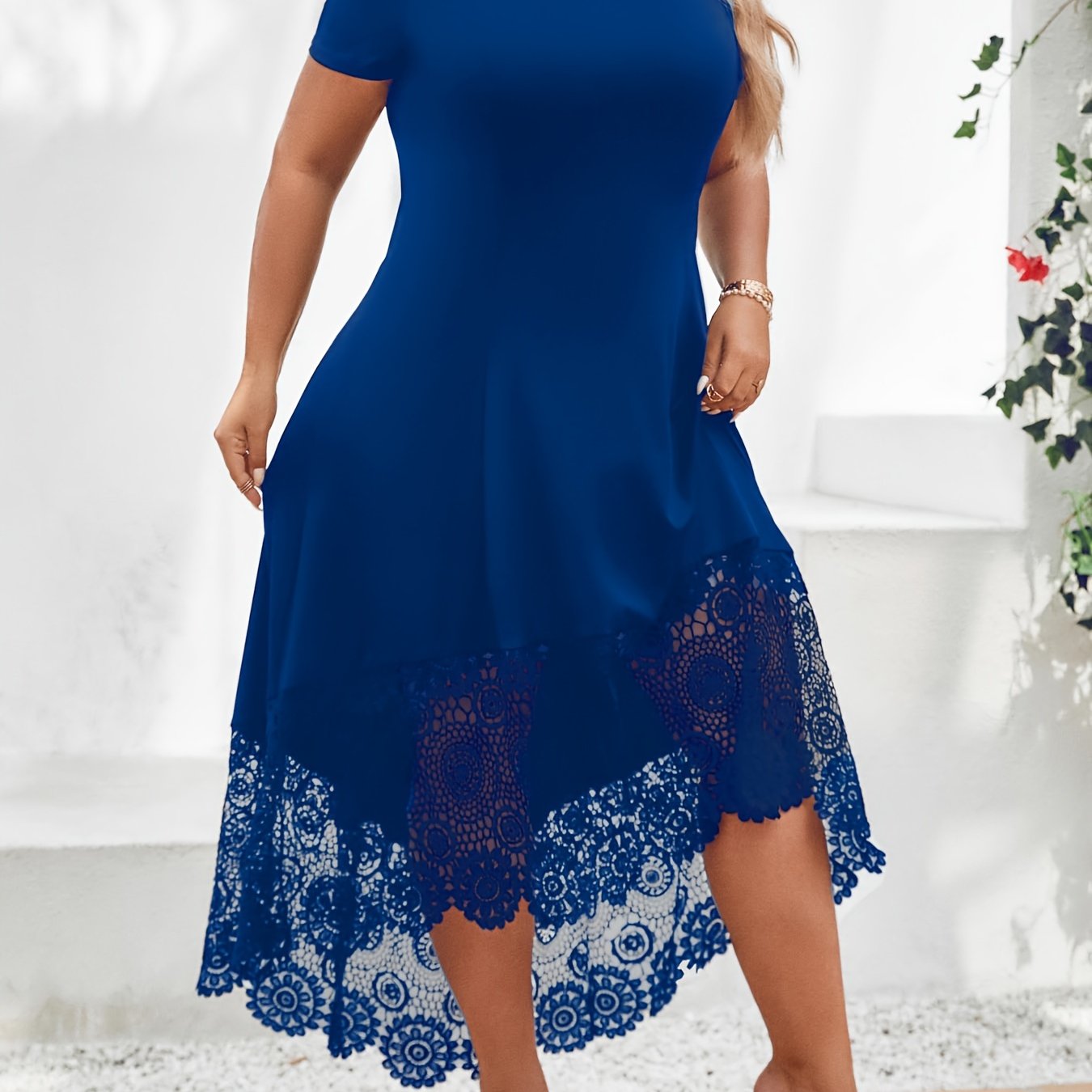 Plus Size Casual Dress Women's Plus Solid Contrast Guipure - Temu