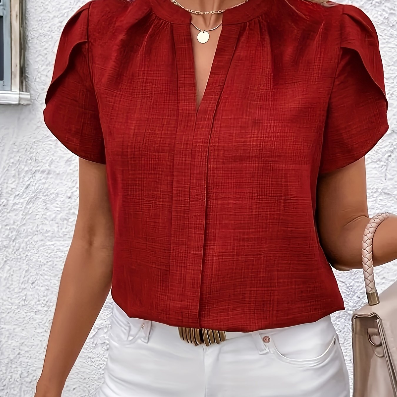 TEMU Elegant Petal Sleeve Notched V-neck Shirt | Solid Color, Suitable For Spring/summer/fall