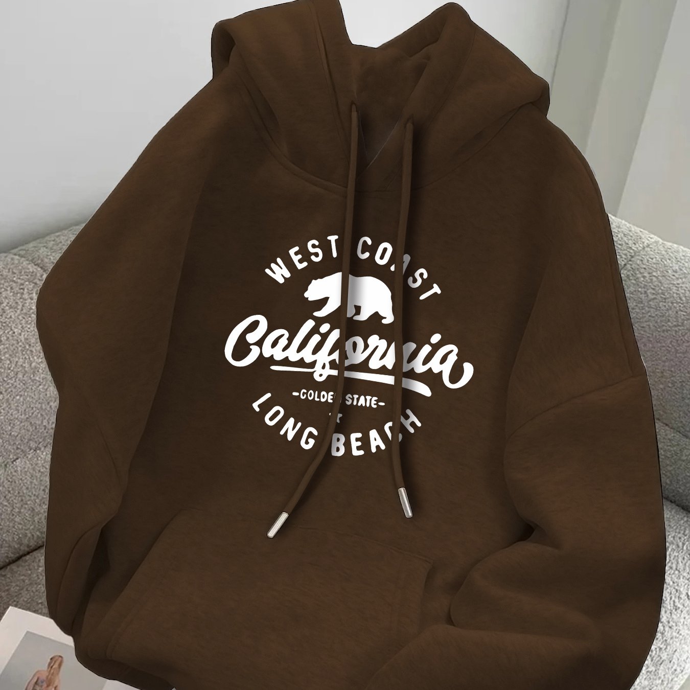TEMU West California Bear Graphic Hoodie - Men's Casual Pullover With Kangaroo Pocket, Polyester Blend, Machine Washable - Fall/winter