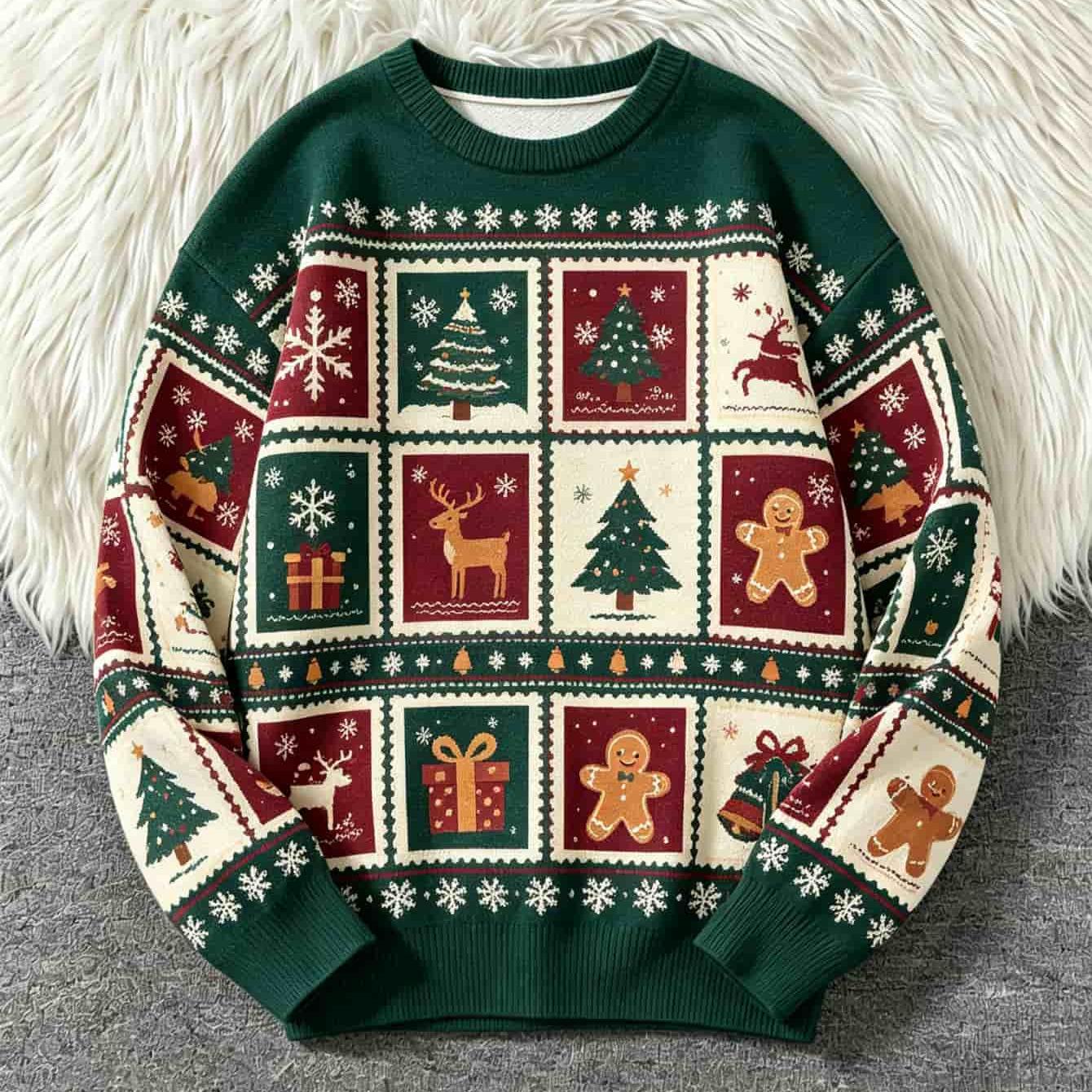 Image of 2d Flat Print Men's Fashion Lightweight Sweater, Casual Knitted Pullover, Stylish High-end Long-sleeve Top, Christmas-themed Style, Design, Snowflake Trim Detail, -friendly Breathable Fabric, Ginge