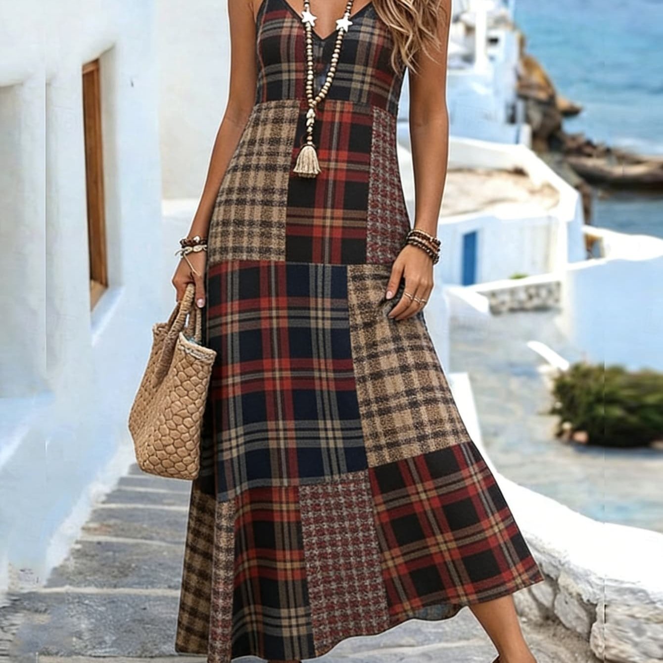 Spaghetti Strap Maxi Dress With Design - Vintage Casual Dress For Women