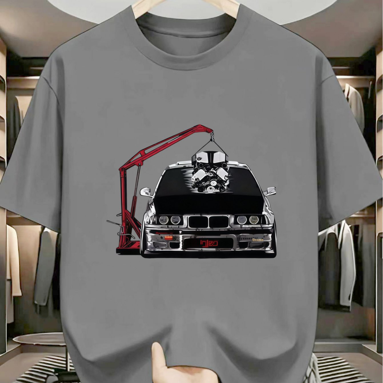 TEMU Summer Light Mature Style Modified Round Neck T-shirt, Low-key E36 Modified Car Print, Automotive Texture Design, Fabric Drapes And Resists