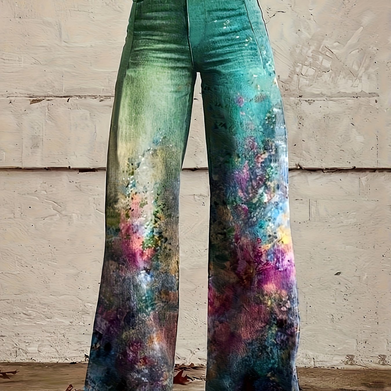 Image of Denim Print (directional Development) Retro Elegant Gradient Contrasting Color Printed With Denim Texture Pattern For Women's Wide Leg Pants
