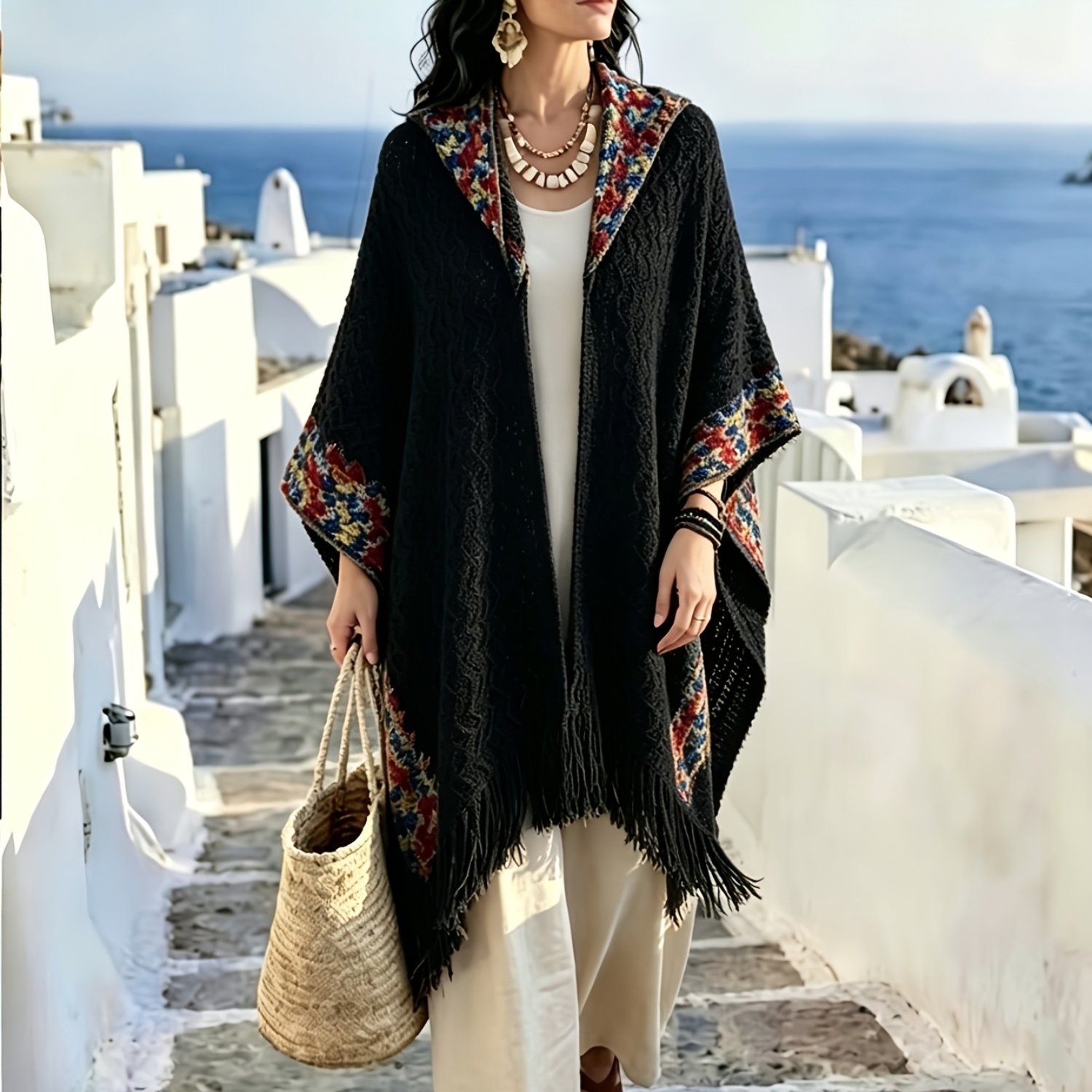 TEMU Plus Size - A Loose Cardigan Shawl With A Hood, A Bohemian-style Colorful Fringed Coat. Suitable For As Outerwear, For Travel And Casual