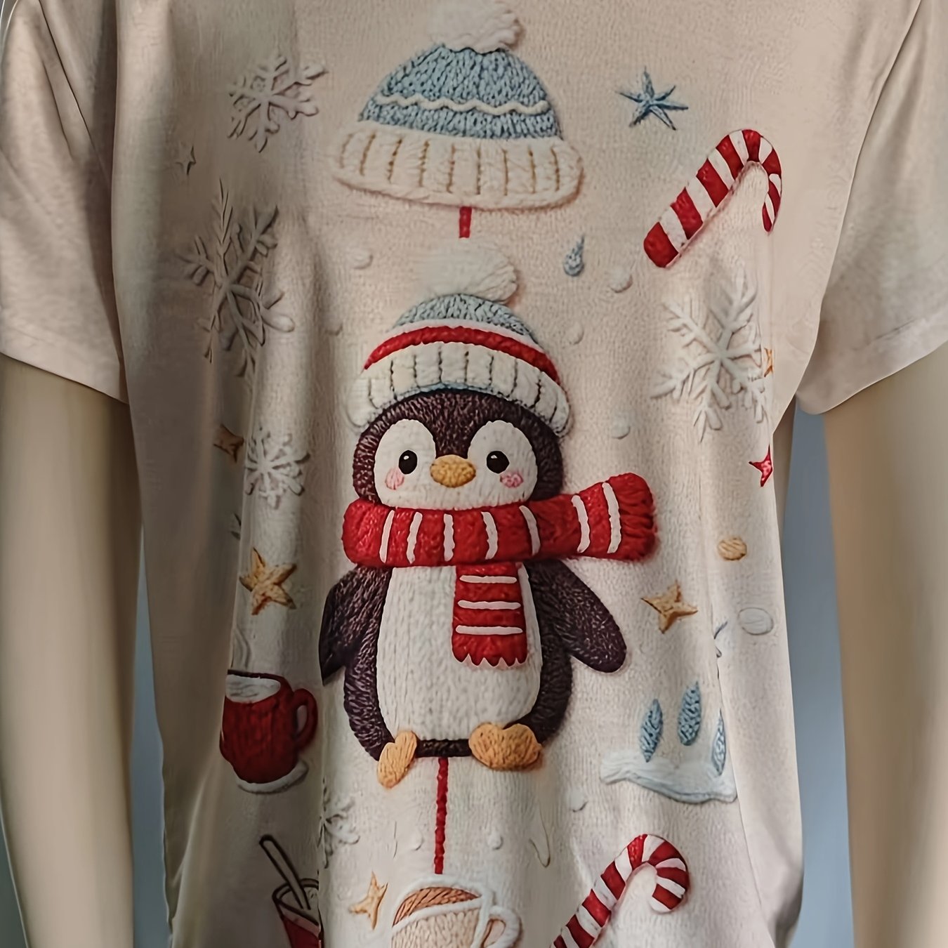 TEMU Women's Winter Penguin Embroidered Print Short Sleeve T-shirt, Snowflake Candy Hot Coffee Cartoon Pattern, Soft Creamy White Loose Fit,