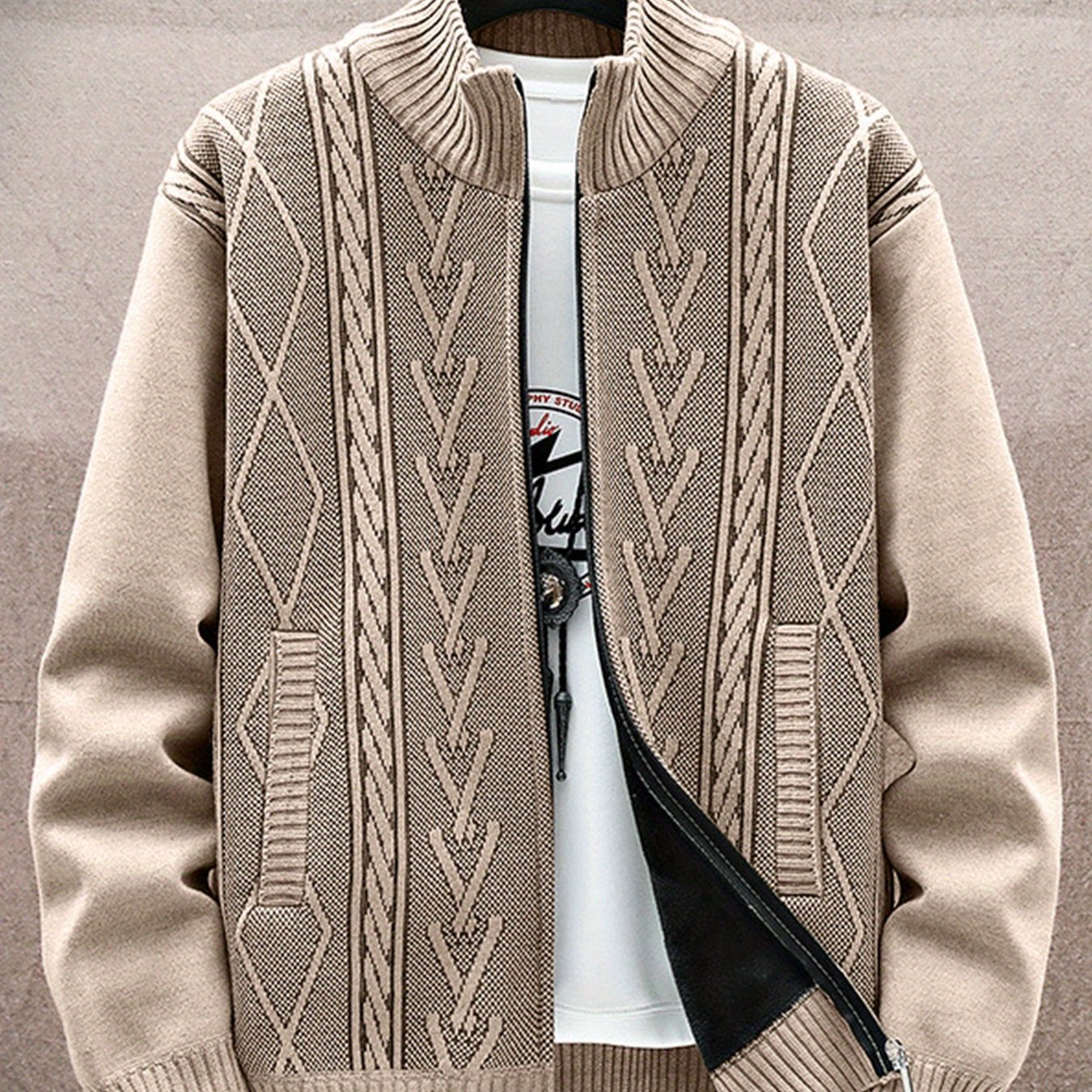 Autumn Winter New Style Cardigan Sweater Men's Collar Long Sleeve Warm Striped Pattern Knit Casual Jacket Men's