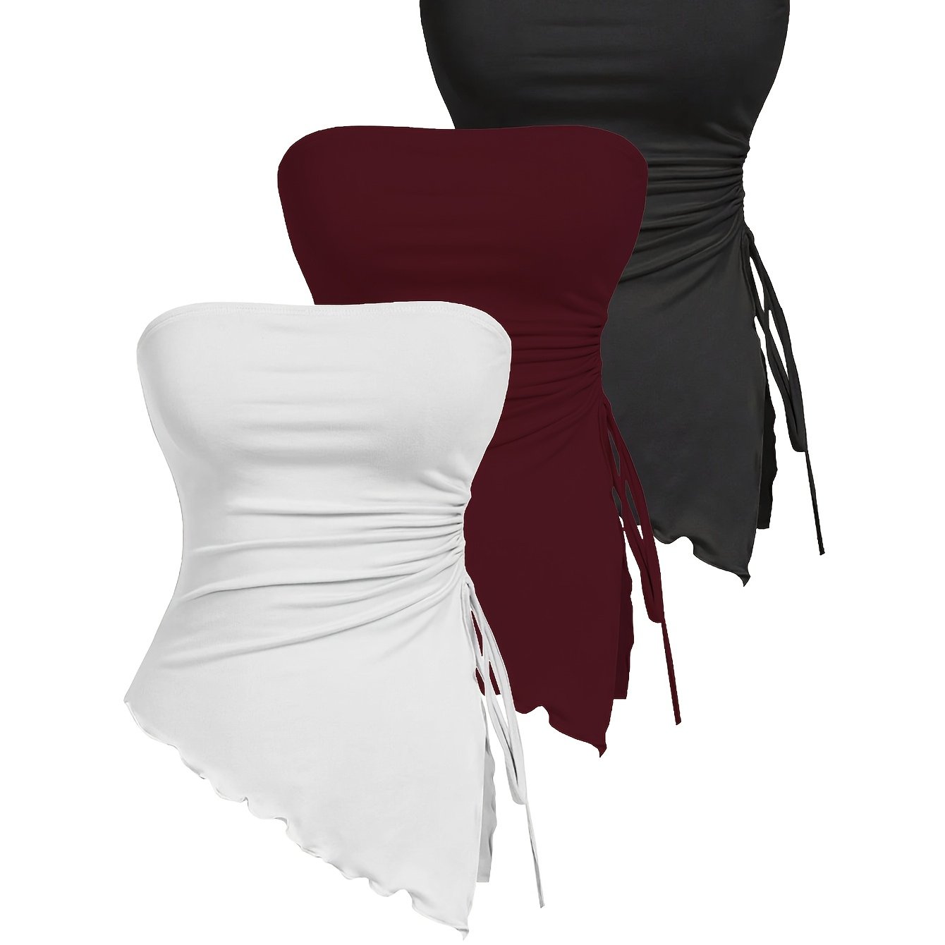 TEMU Women's 3-pack Strapless Top Drawstring Side Ruched Asymmetrical Tube Tops