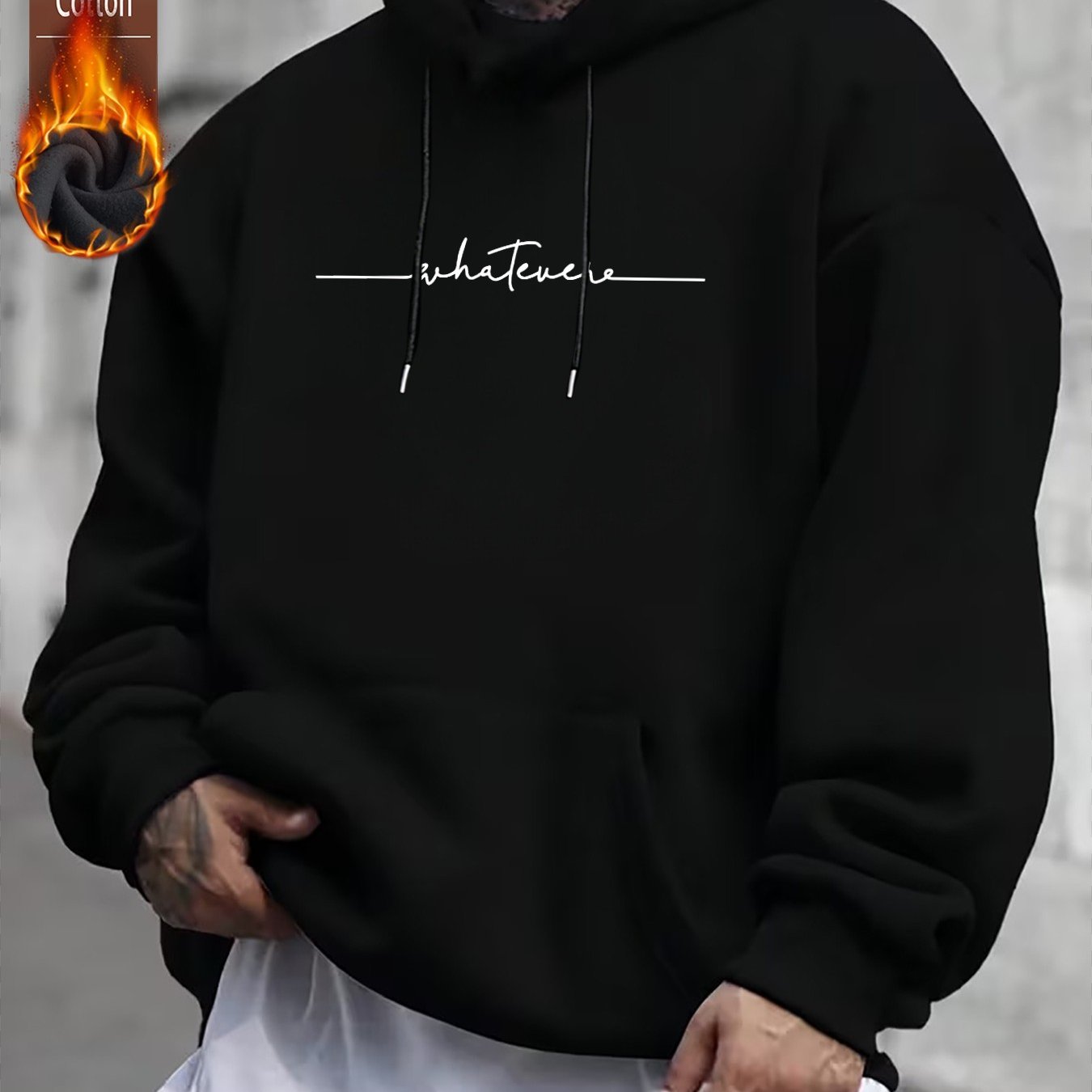 Autumn/winter Trendy Men's Fleece Lined Hoodie | Comfortable And Stylish Black Hooded Sweatshirt With Minimalist Street Style, Graphic Print, Oversized Fit For Casual Wear