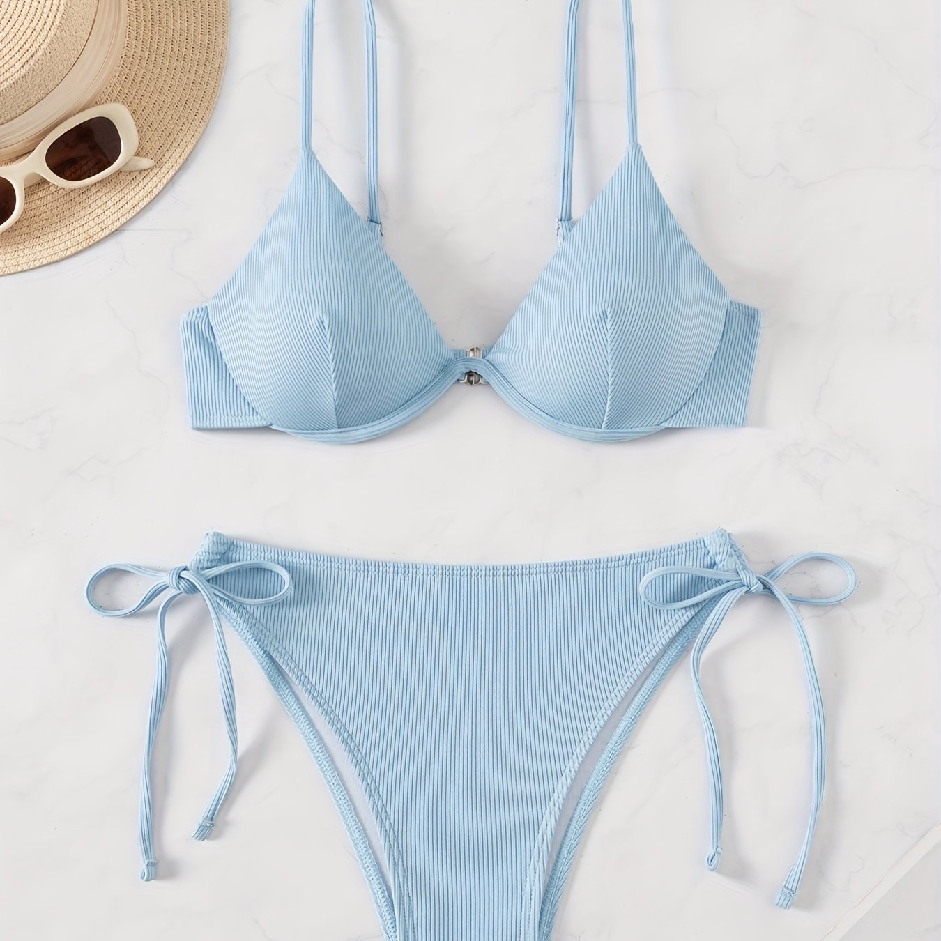 2024 New Solid Color Underwire Tie Sexy Swimsuit Split Women's Bikini Set