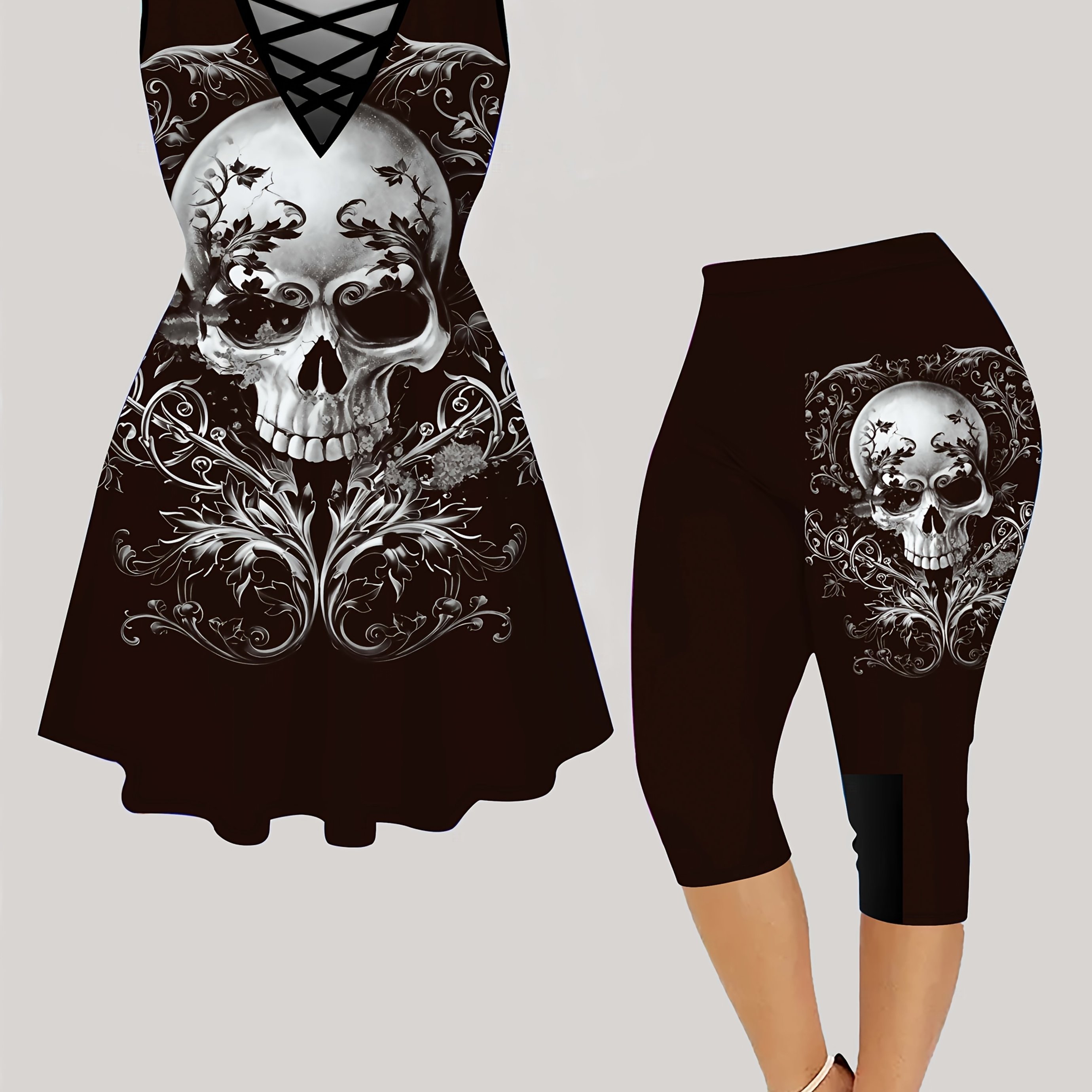 Women' Code Elegant Fashion Holiday Skull Pattern Digital Printing Crisscross Strap Vest Top + Slim Fit Cropped Pants