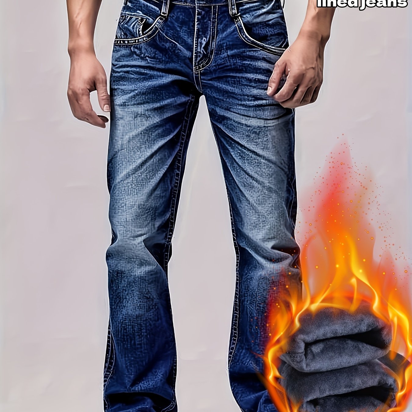 TEMU [hme] Fall/winter Fleece-lined Thick Men's Jeans Washed , Distressed Whitewashed Hand-brushed . Fleece-lined For Winter, -resistant. Mid-rise