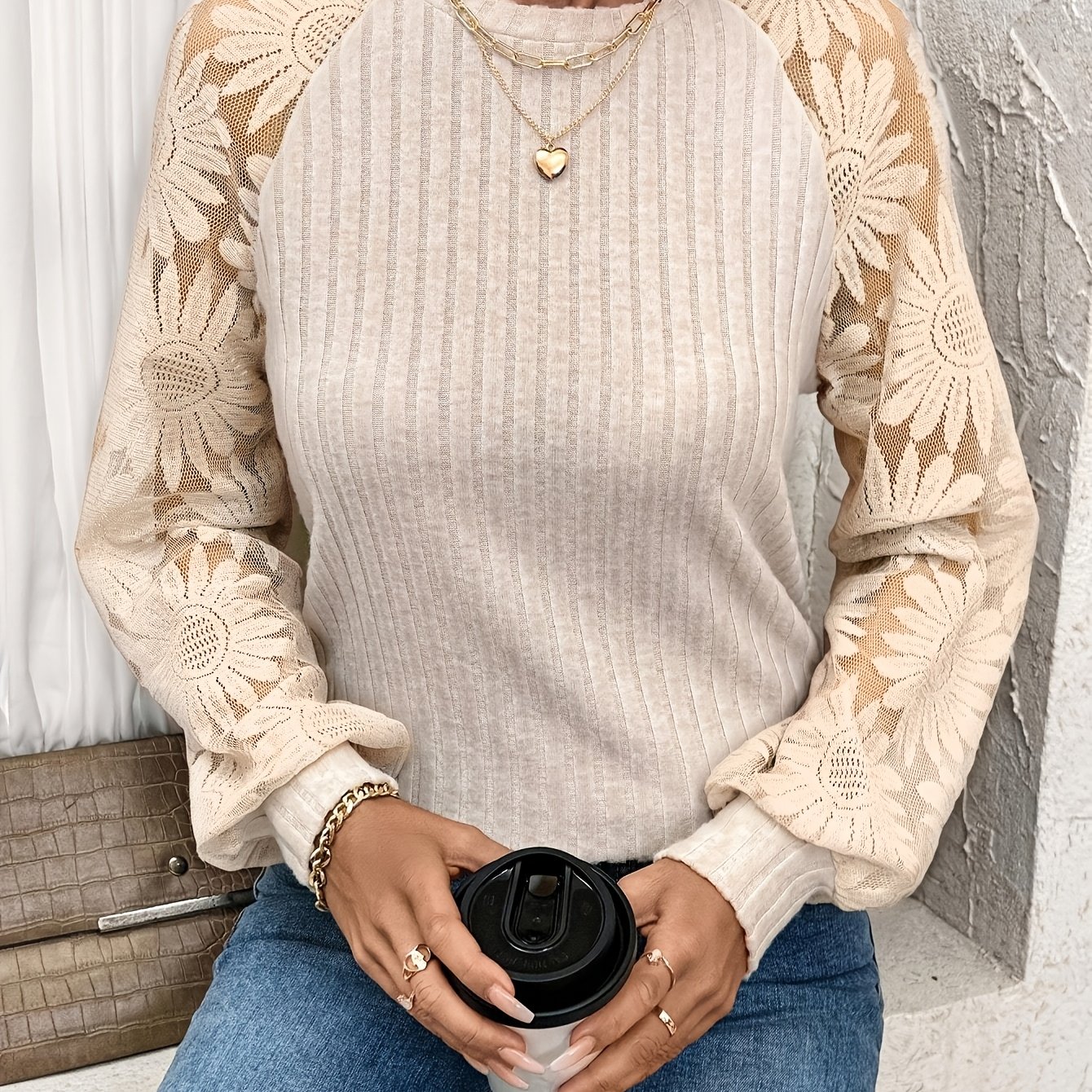 TEMU Ribbed Interlocking Lace Round Neck Raglan Sleeve Long Sleeve Top