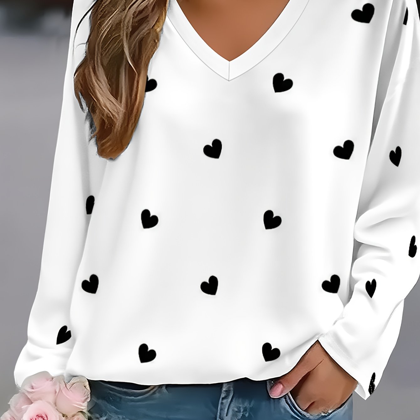 Plus Size, Women's Autumn/winter New Arrival Plus Size Fashion Printed Casual V-neck Long Sleeve T-shirt, Loose Fit Casual Top, V-neck Top, Suitable For And Outdoors, Basic Versatile T-shirt