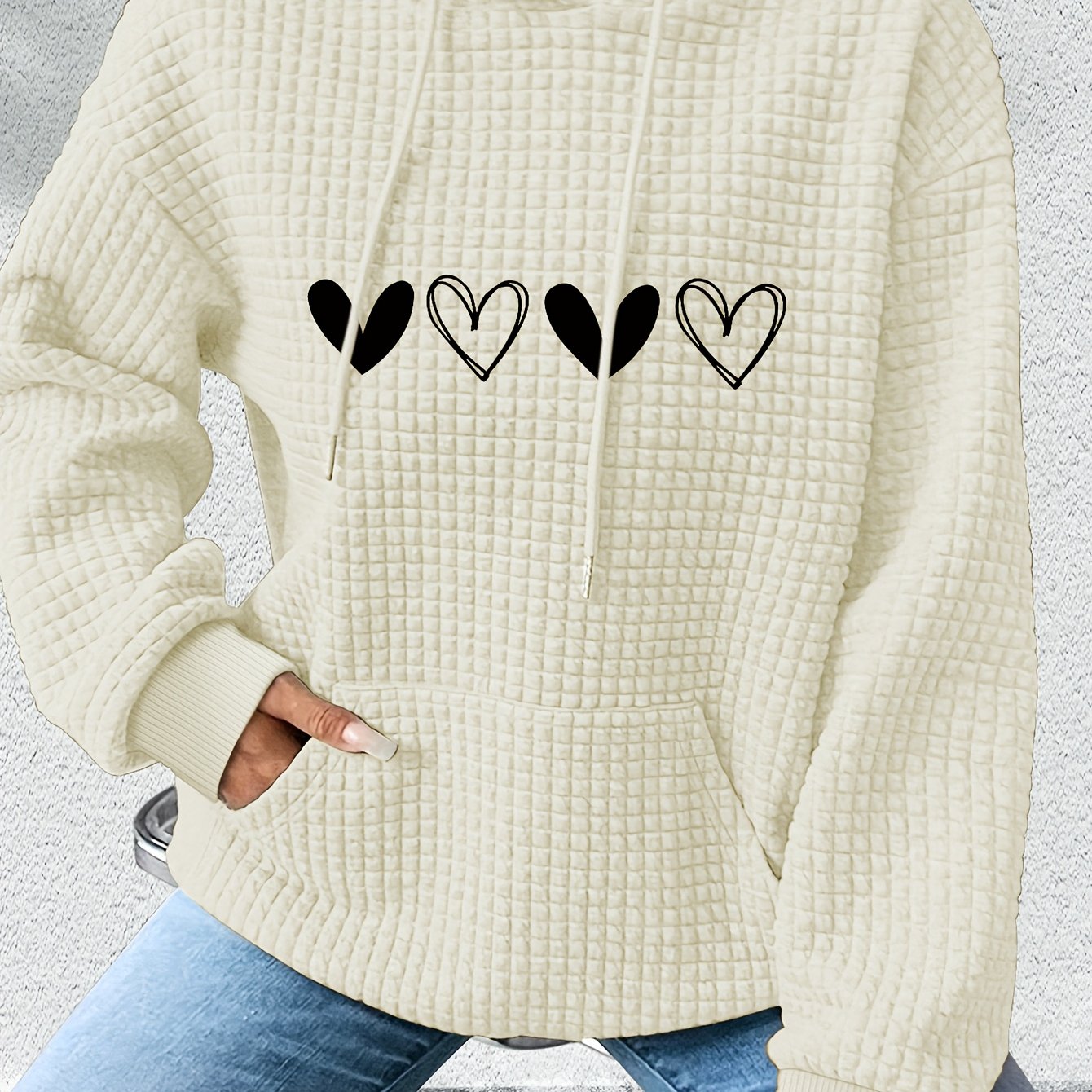 TEMU Women's Casual Waffle Hoodie With Heart Graphic Print, Kangaroo Pocket & Adjustable Drawstring - Cozy Fall Winter Sweatshirt, Machine Washable,