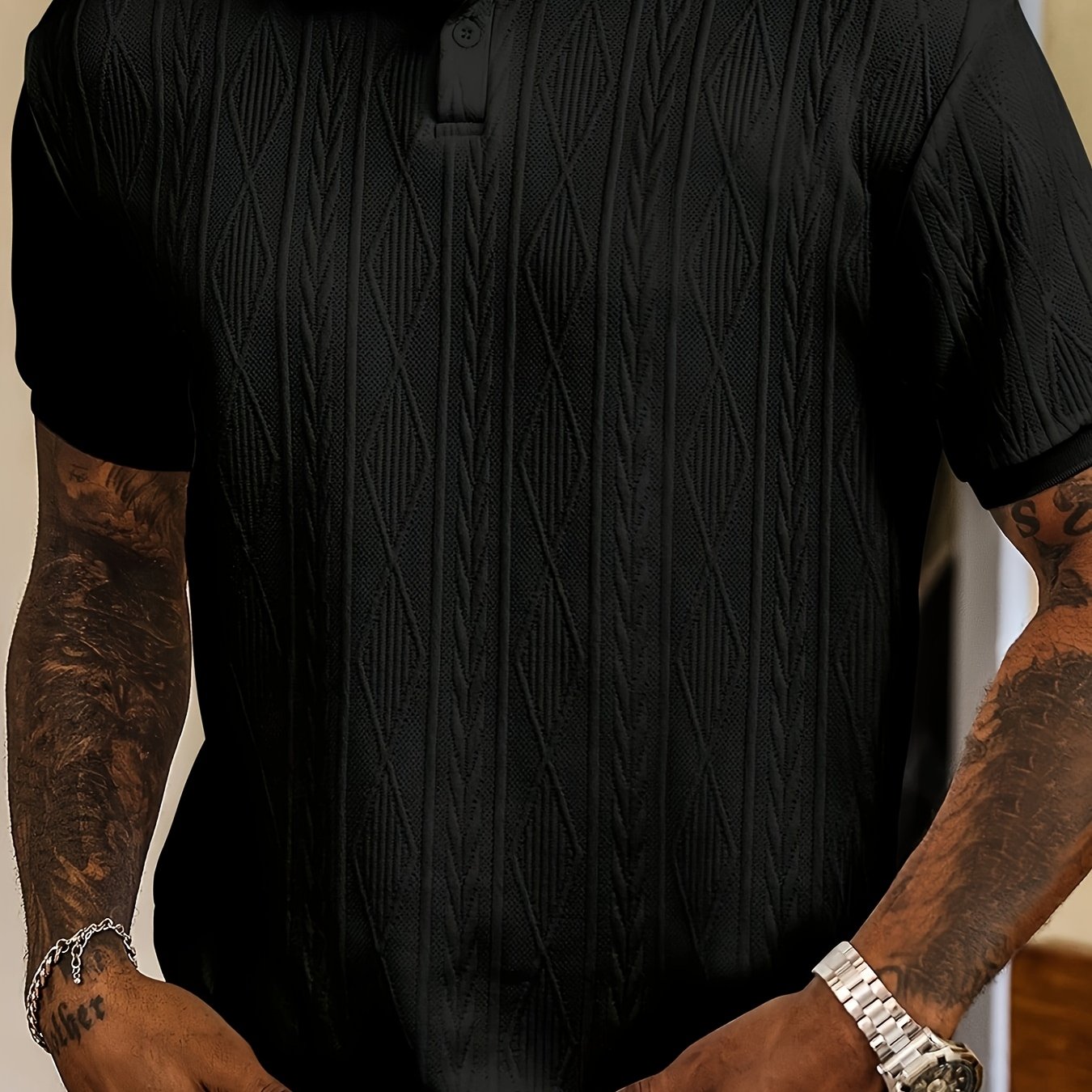 TEMU Men's New Solid Color Shirt, Jacquard Design, Soft Fabric, Outdoor Casual Business Breathable Golf Shirt, Suitable For Vacation And Business