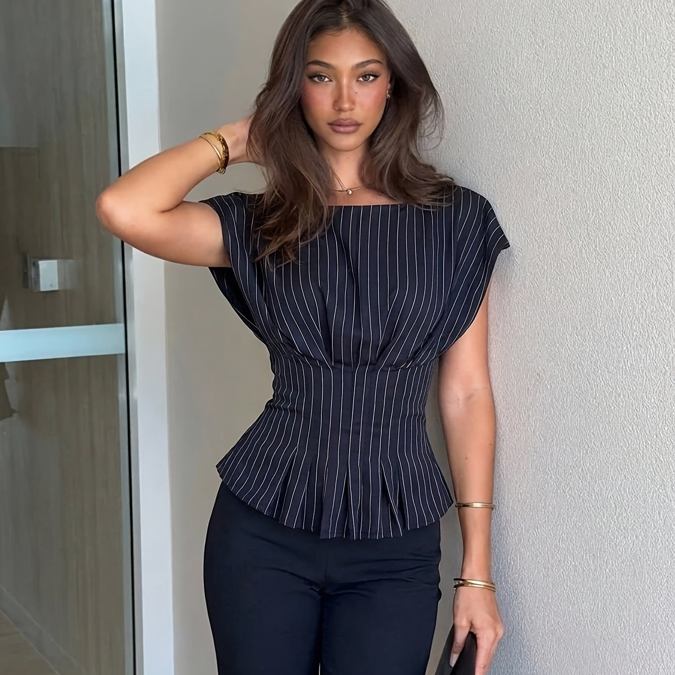 TEMU Elegant Navy Blue Striped Summer Office Casual Short Sleeve Boat Neck Shirt With Pleated Waist, Black And White Shirt