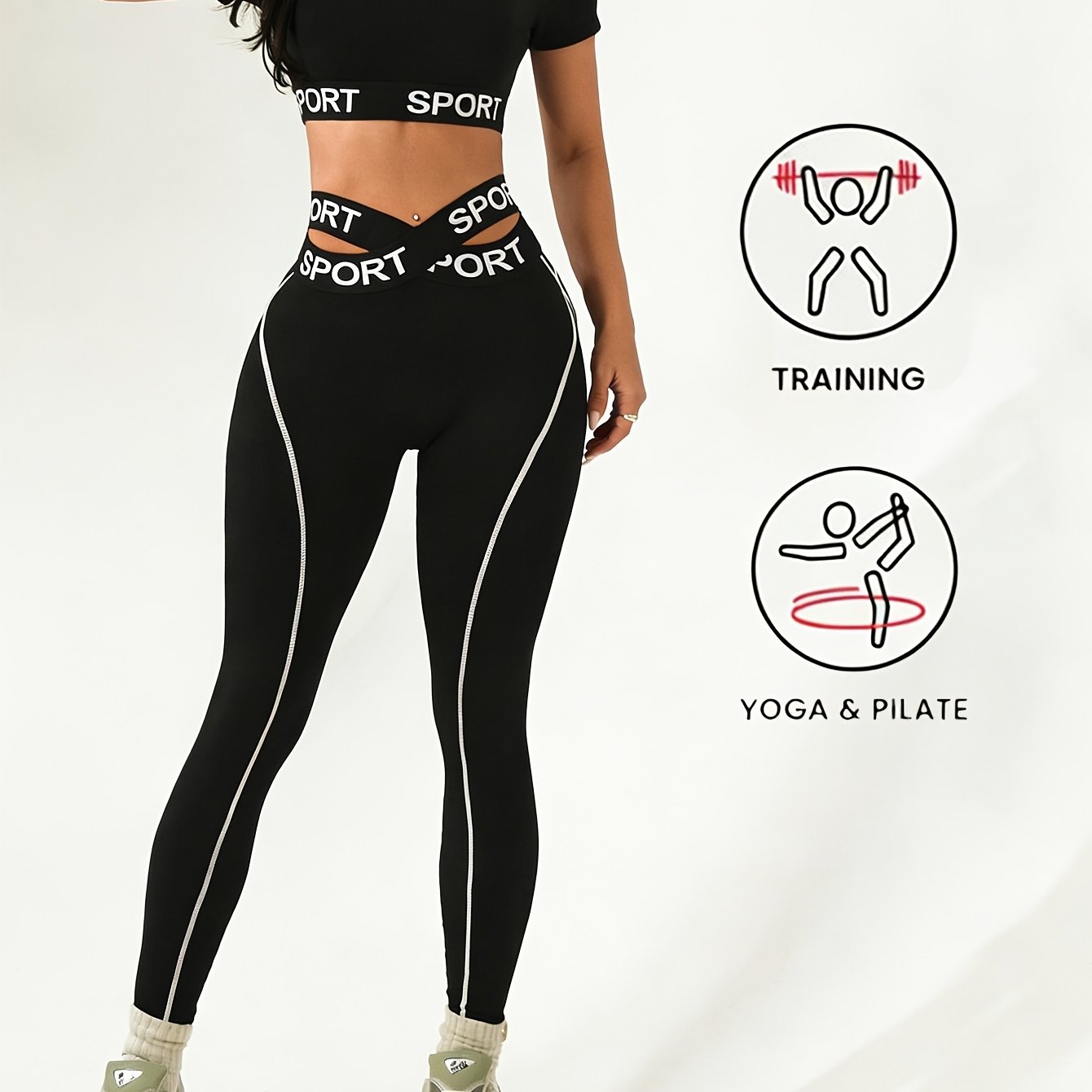 TEMU Women's Athletic 2pcs Set, Short Sleeve T-shirt And Leggings Outfit - Contrast, Letter , Suitable For Gym, Running, Yoga - Machine Washable