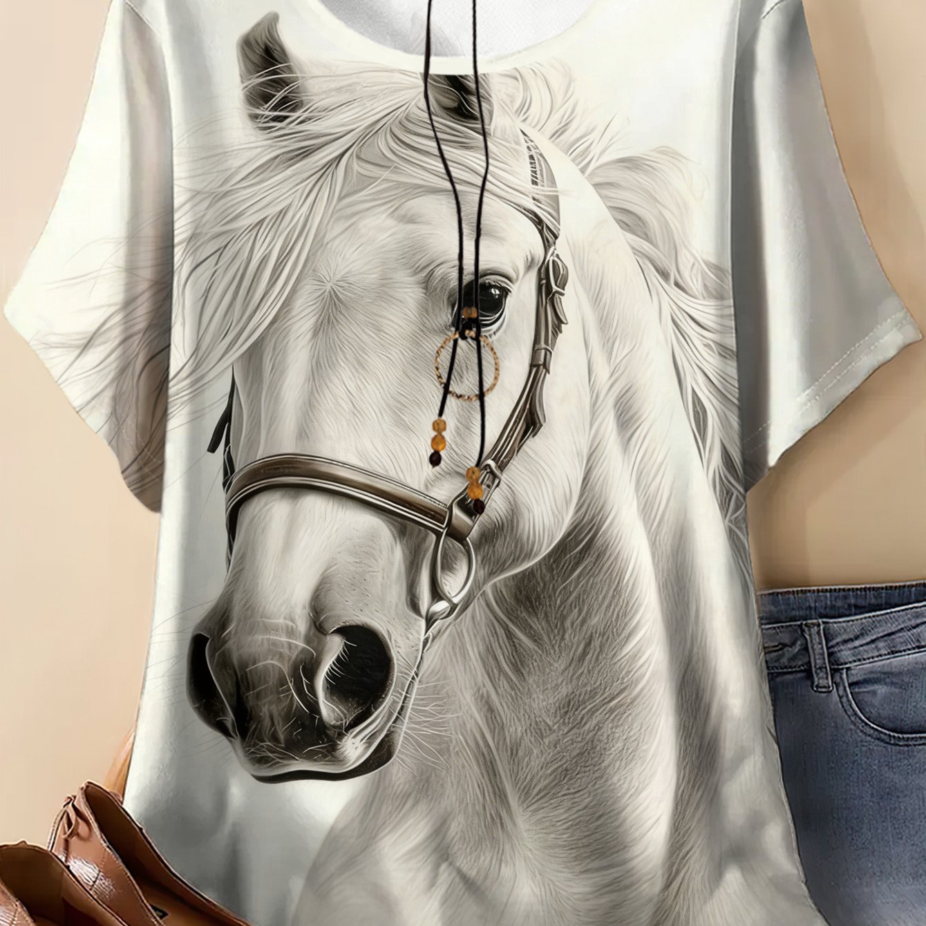 TEMU Plus Size - Plus Size - Plus-size Summer Realistic White Horse Short-sleeve T-shirt | Base With Artistic Print Top, Loose And Comfortable