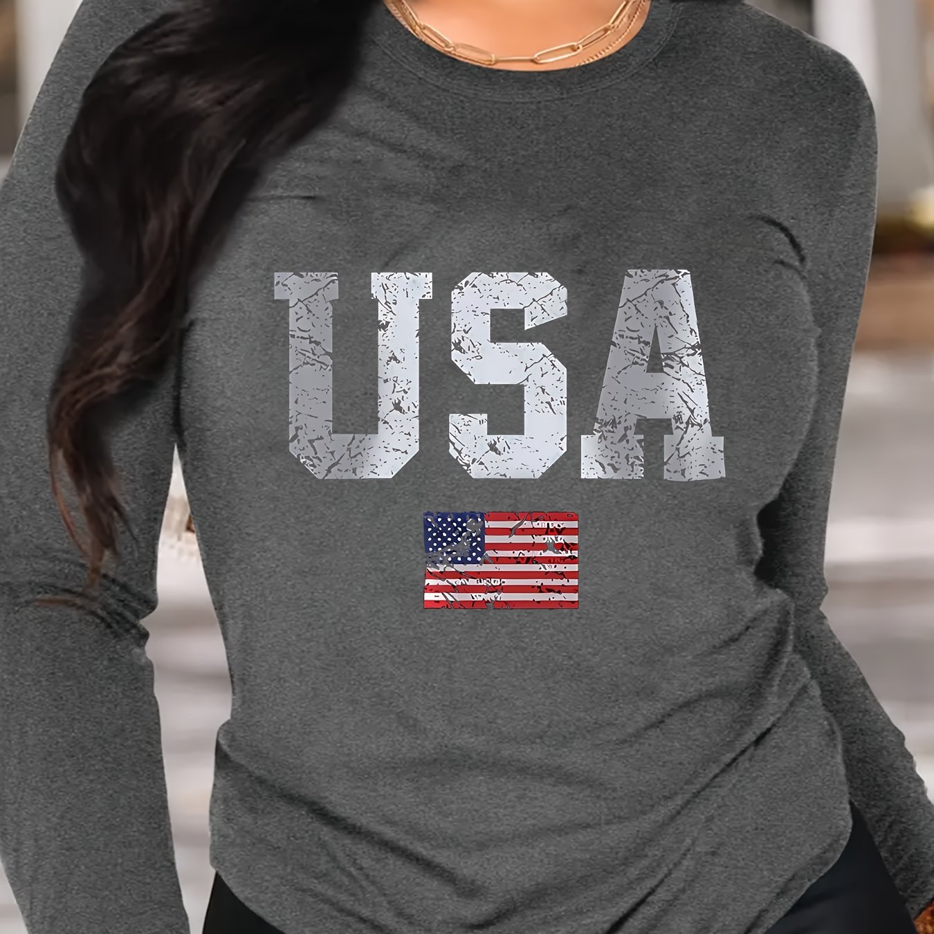 TEMU Women's Autumn And Winter Sports Leisure Black And Dark Gray Long-sleeved T-shirt With Usa Flag Print, Comfortable And Breathable Round Neck Top