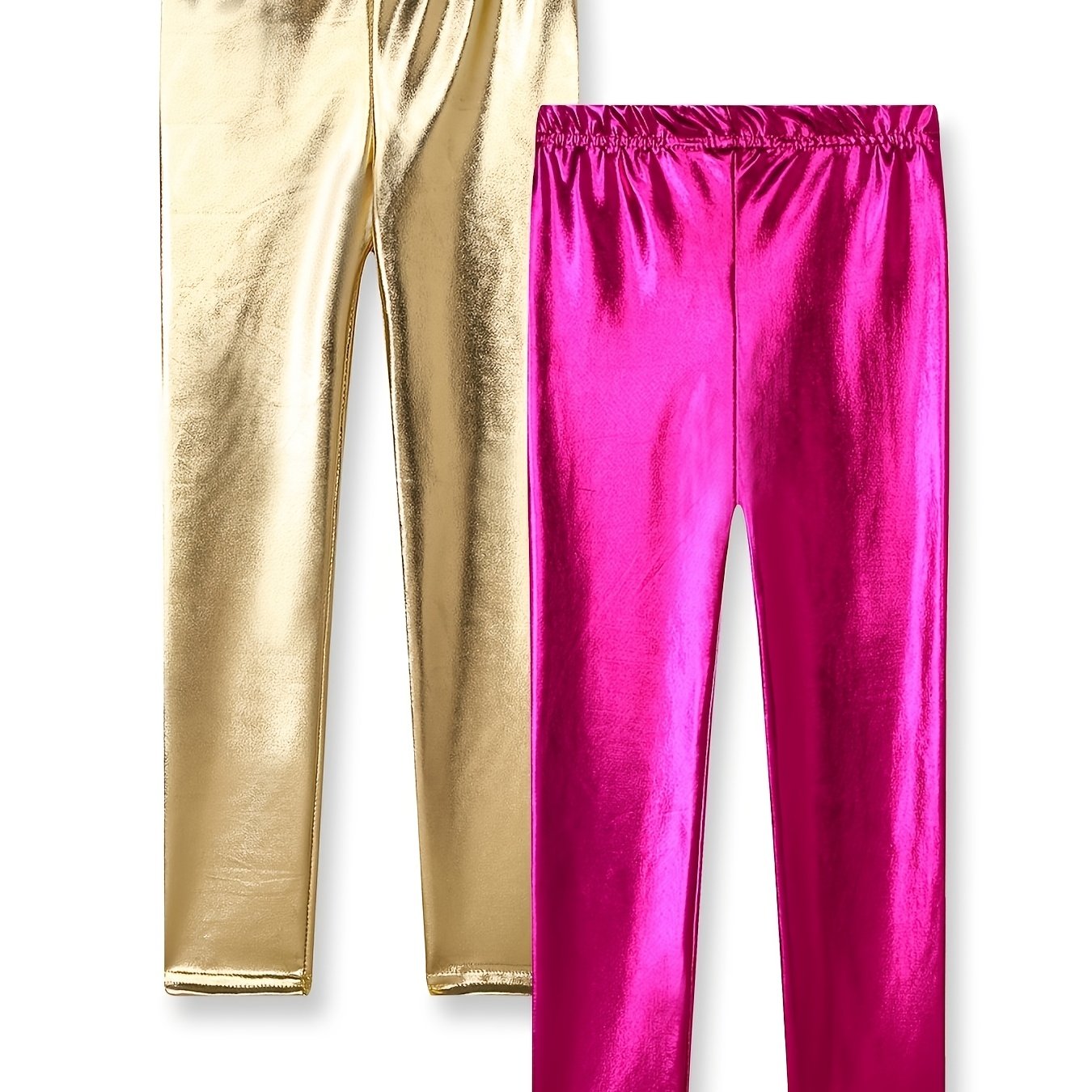 Image of 2pcs Set Girls' Golden Shiny Tight Pants, Shiny Pants, Sparkling Model Long Pants, Girls' Fashionable Versatile Outer Pants, For Christmas Party Wear, Non-breathable, For Outdoor
