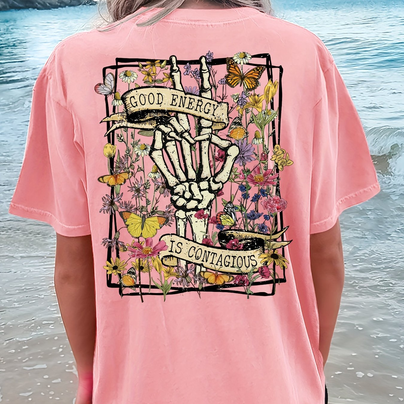 Image of Women&;s Floral Skeleton & Graphic Print T-shirt - " Is " Short Sleeve Crew Neck Casual Top, Light Beige, Regular Fit, Machine Washable For , Beach Apparel, , Nontransparent Fabric