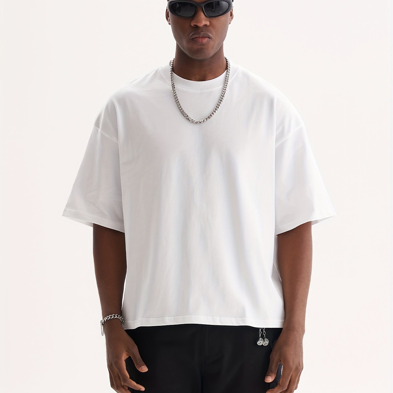 TEMU Men's Casual Oversized Cotton T-shirt, Boxy Fit, Cropped Hem, Soft And Breathable, Short Sleeve, Loose Fit, Perfect For Everyday Wear