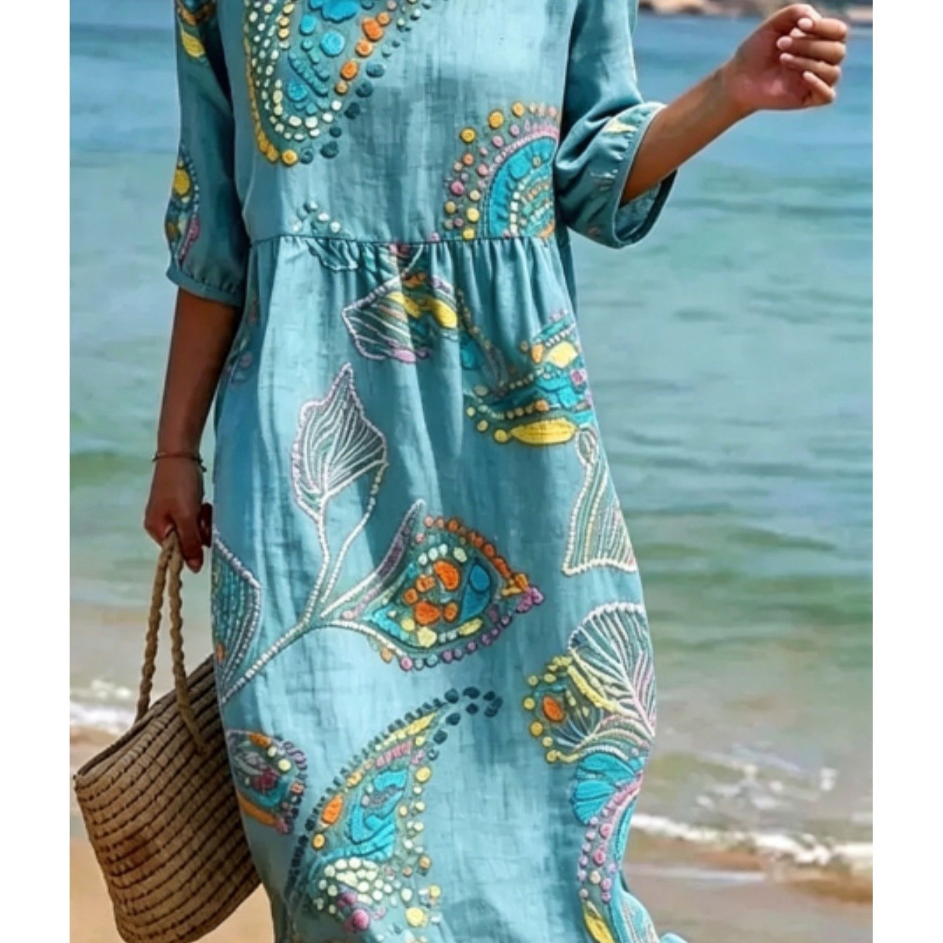 Image of Plus Size, New Arrival Vintage Casual Women Round Neck 3 Quarter Sleeve Midi Dress, Allover Colorful Paisley Plant Print On Lake, High Waist Gathered Swing Skirt Daily Holiday Outfits