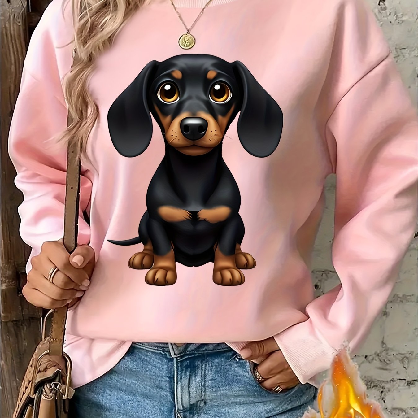TEMU Adorable Cartoon Dachshund Print Style, Casual And Comfortable, Women's Round Neck Leisure Sports Sweatshirt Suitable For