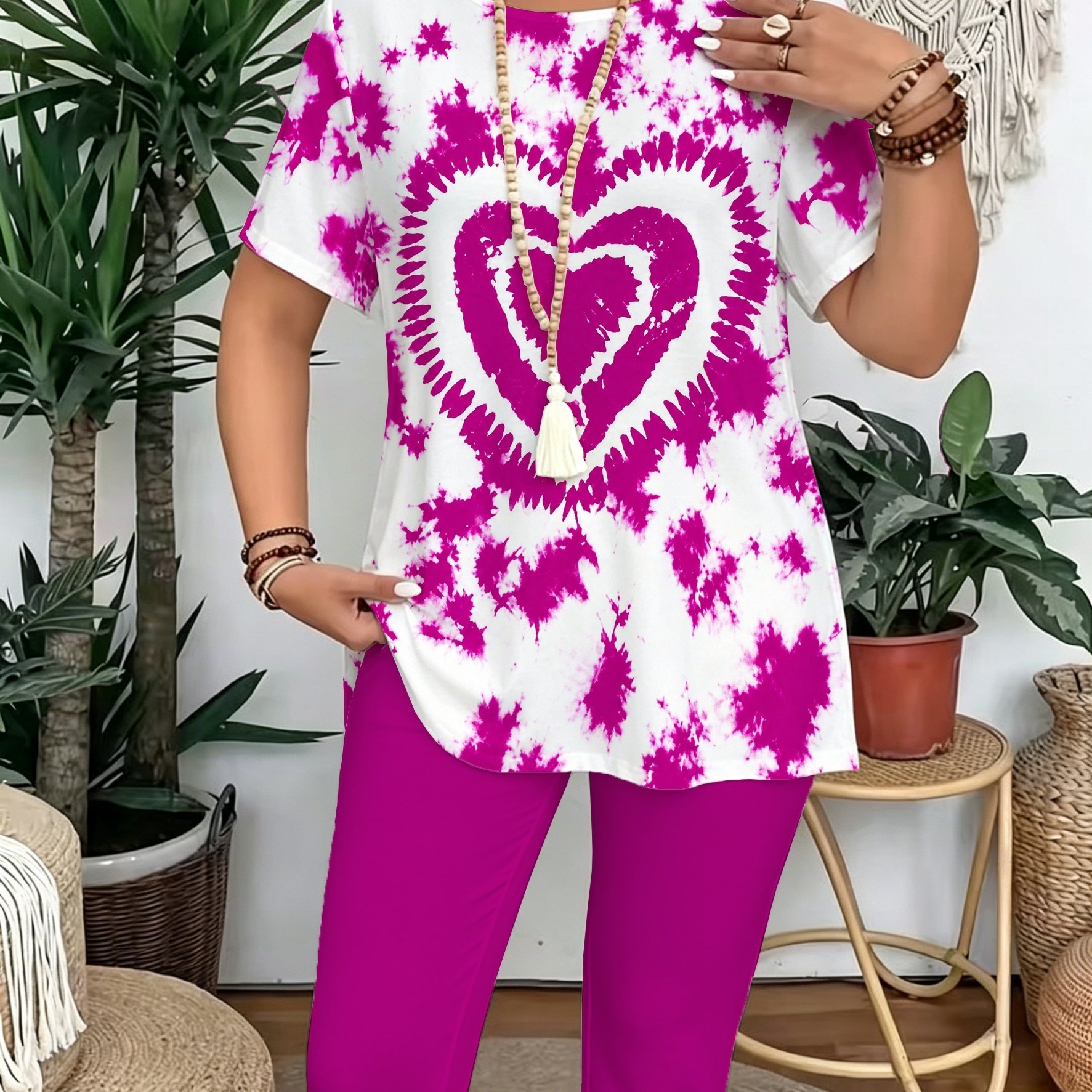 TEMU Plus Size, Plus Size Women's Suit, Elegant And Stylish Round Neck T-shirt, Heart Tie-dye Print 2pcs Set, Suitable For Home, Travel, Parties, And