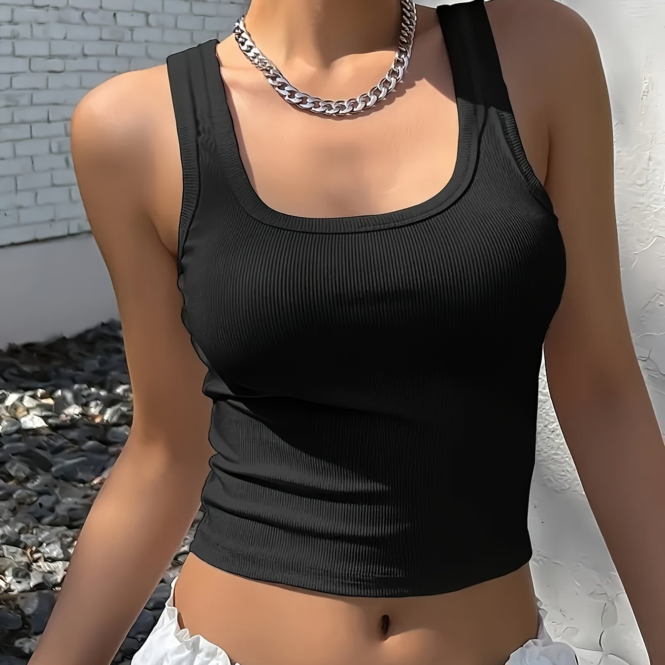 Women's Ribbed Square Neck Short Vest, Elastic Short Vest