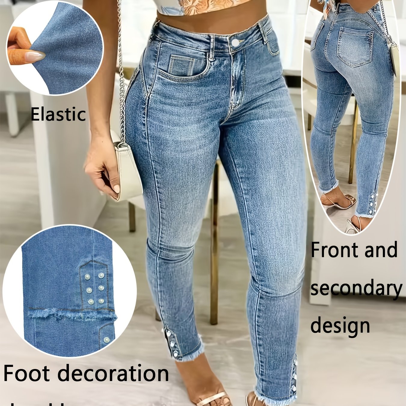 Women's Washed Cropped Frayed Hem Jeans, Fashionable And Elegant, Wear