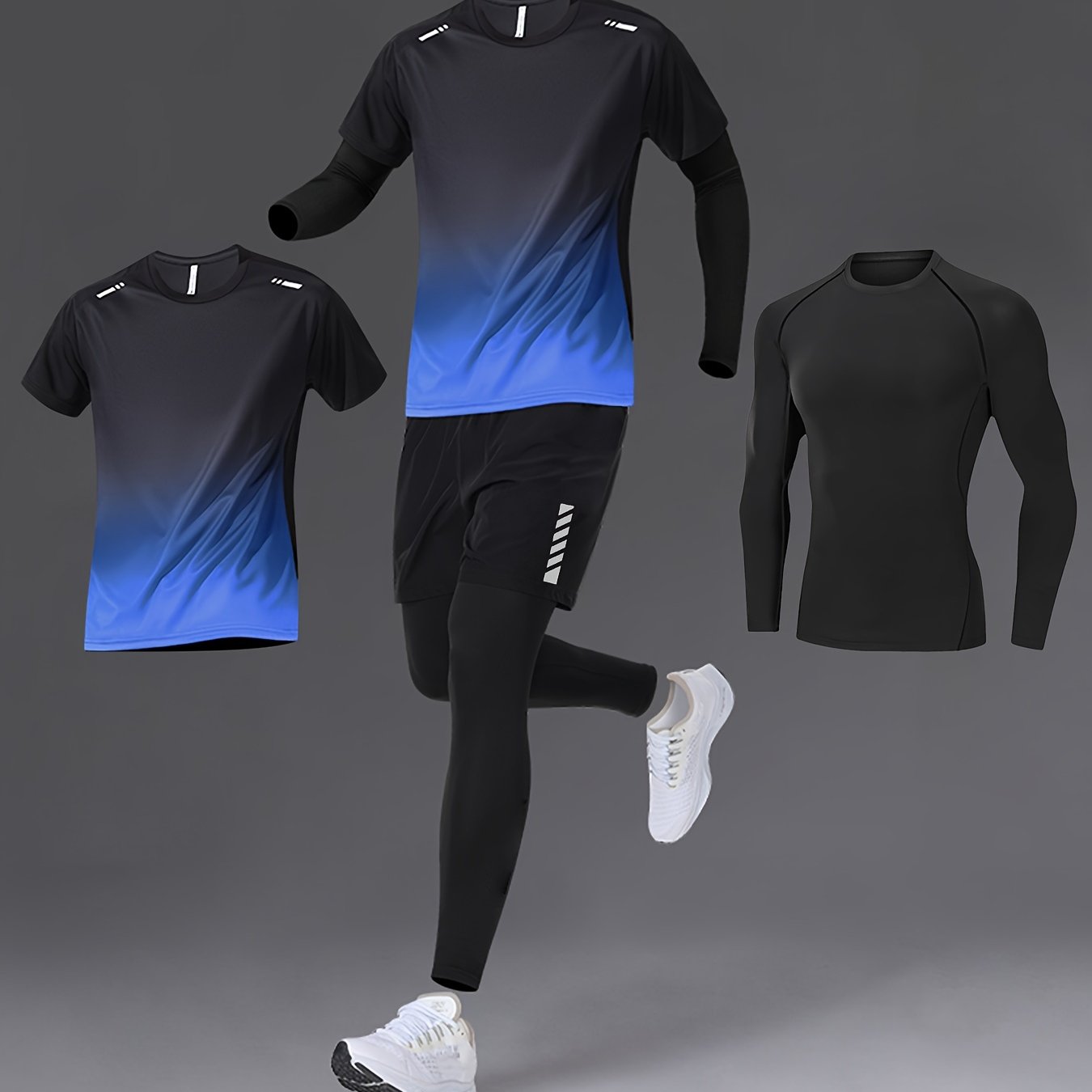 TEMU Two-piece Men's Short-sleeved, Quick-dry T-shirt, Compression High-elastic Tight Sweat-absorbing Long-sleeved, Fitness Basic Layer, Men's Sports