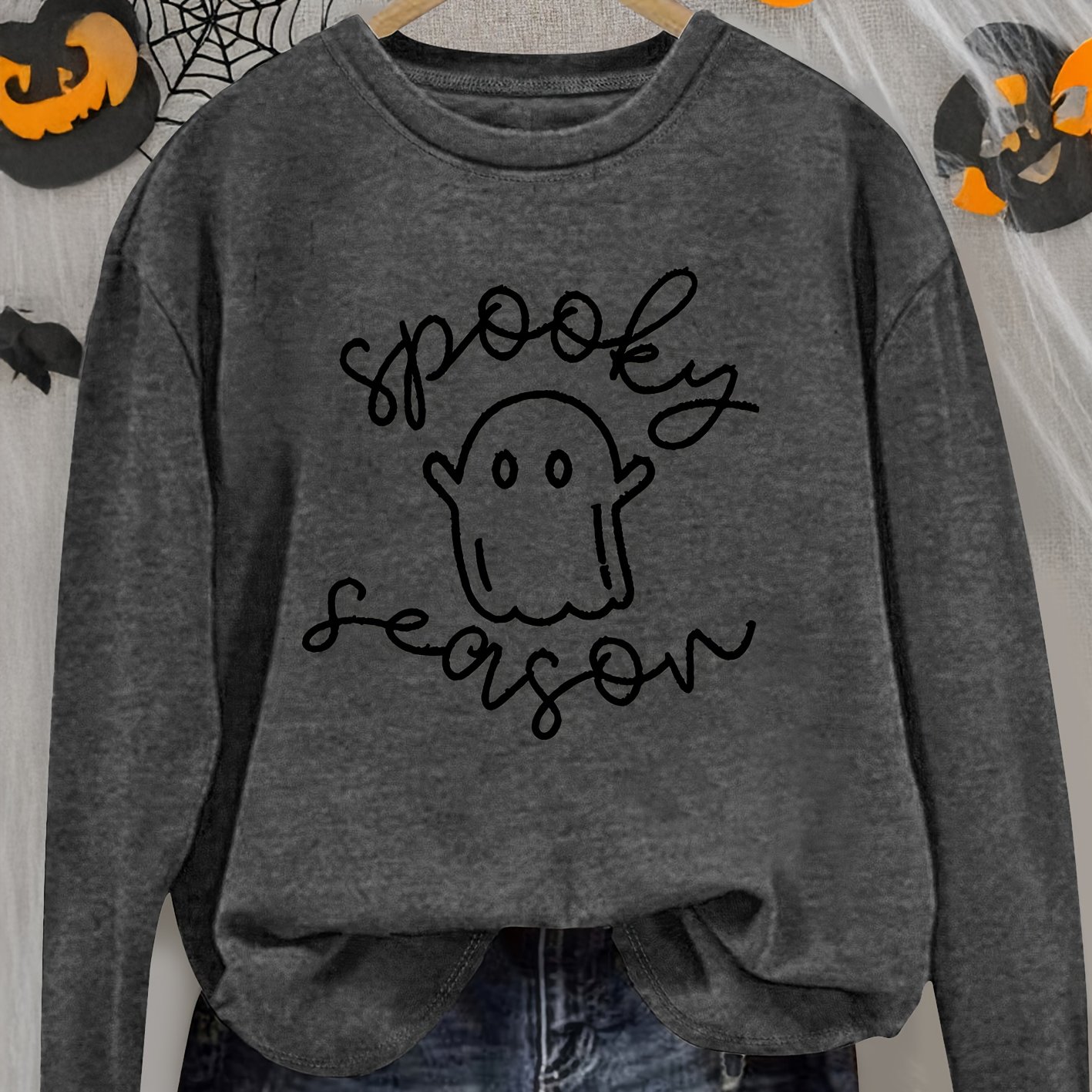 TEMU Halloween Women's Art Print Pattern Round Neck Long Sleeve T-shirt, Fashionable Commuter Vacation Daily Versatile Vintage Long Sleeve T-shirt,