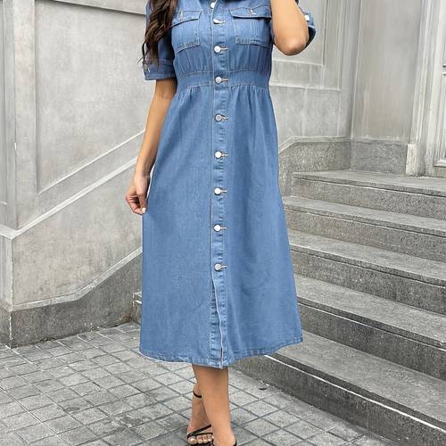 european and trend womens waist denim dress breasted v neck dress