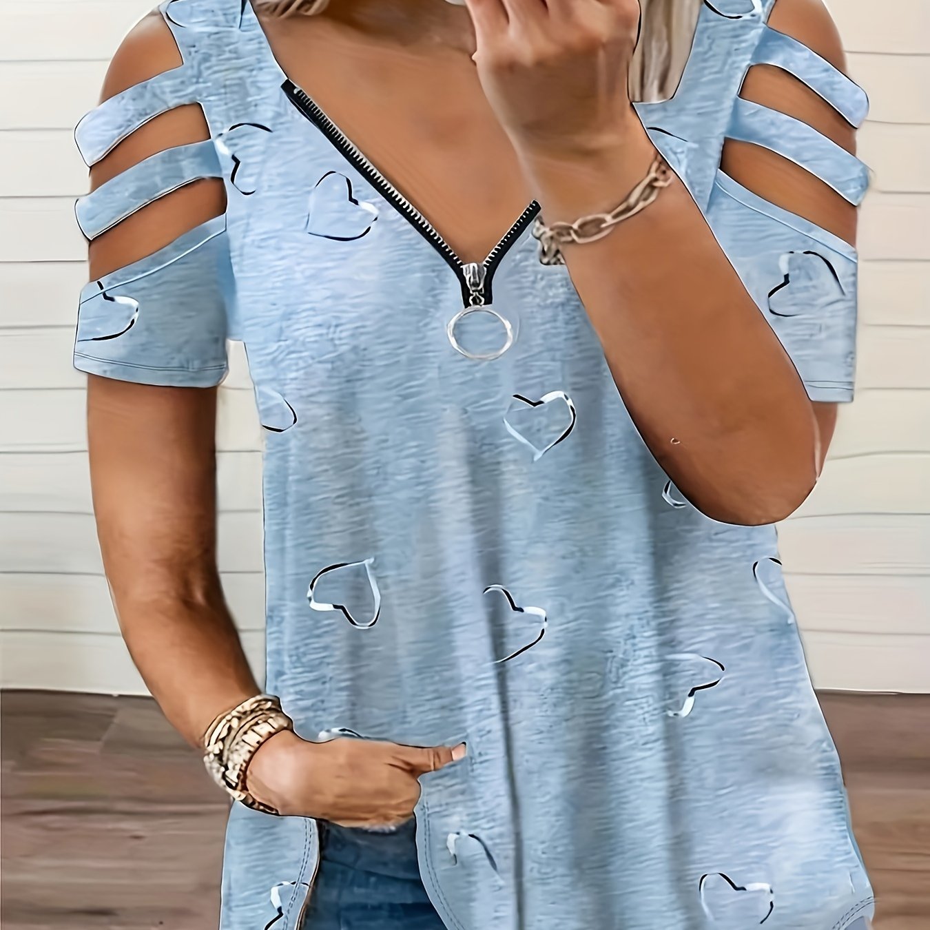 Image of 2021 European And American Cross-border Wish Trade Women's Clothing V-neck Zipper Printed Short-sleeve Loose Casual T-shirt For Women