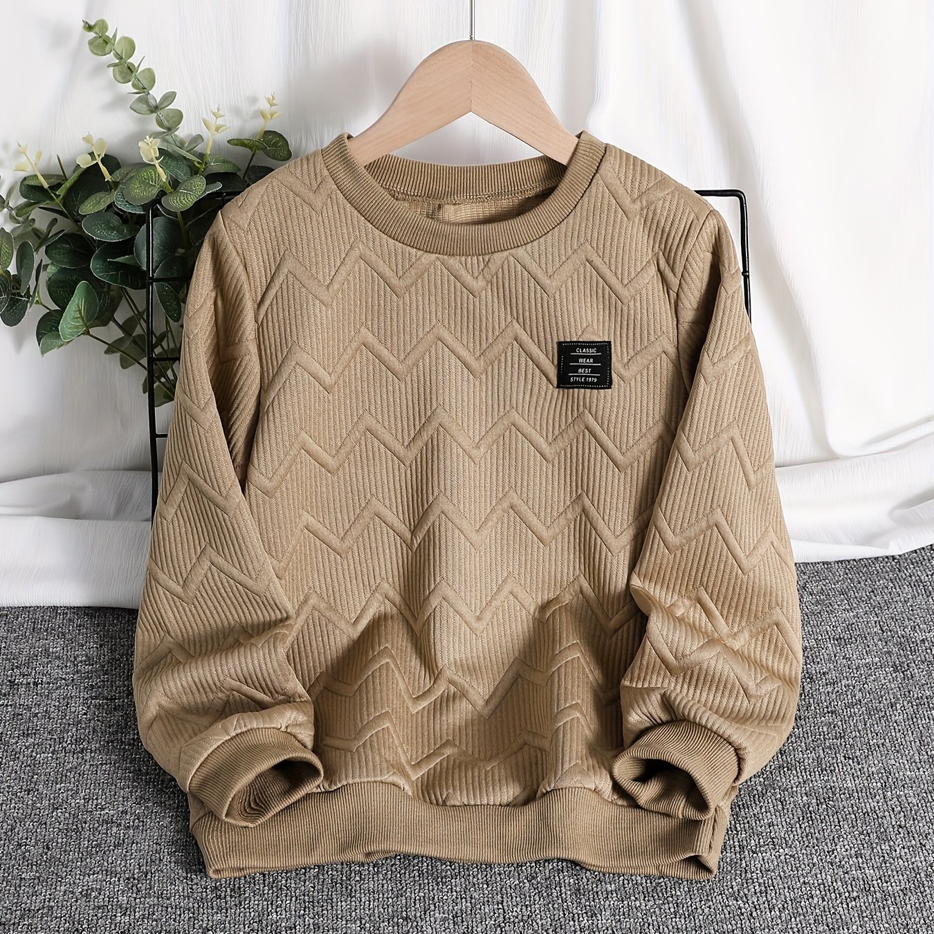 Image of Spring/autumn New Boys' Mid-to-large Size Sweatshirt, Fashionable And Versatile Style, Long Sleeve Outfit, Thin, Embossed Striped Craft, Individualized Patch, Halloween