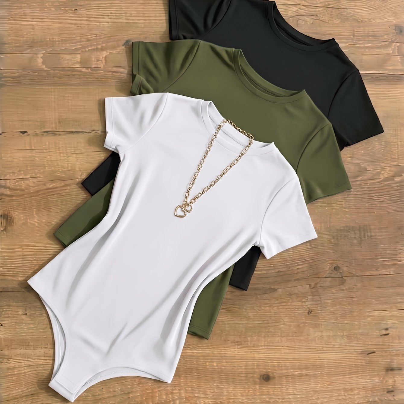 TEMU Women's Autumn Winter 3pcs European Style Fashion Sexy Easy Versatile Solid Color Short Sleeve Round Neck Base Layer Jumpsuit Set