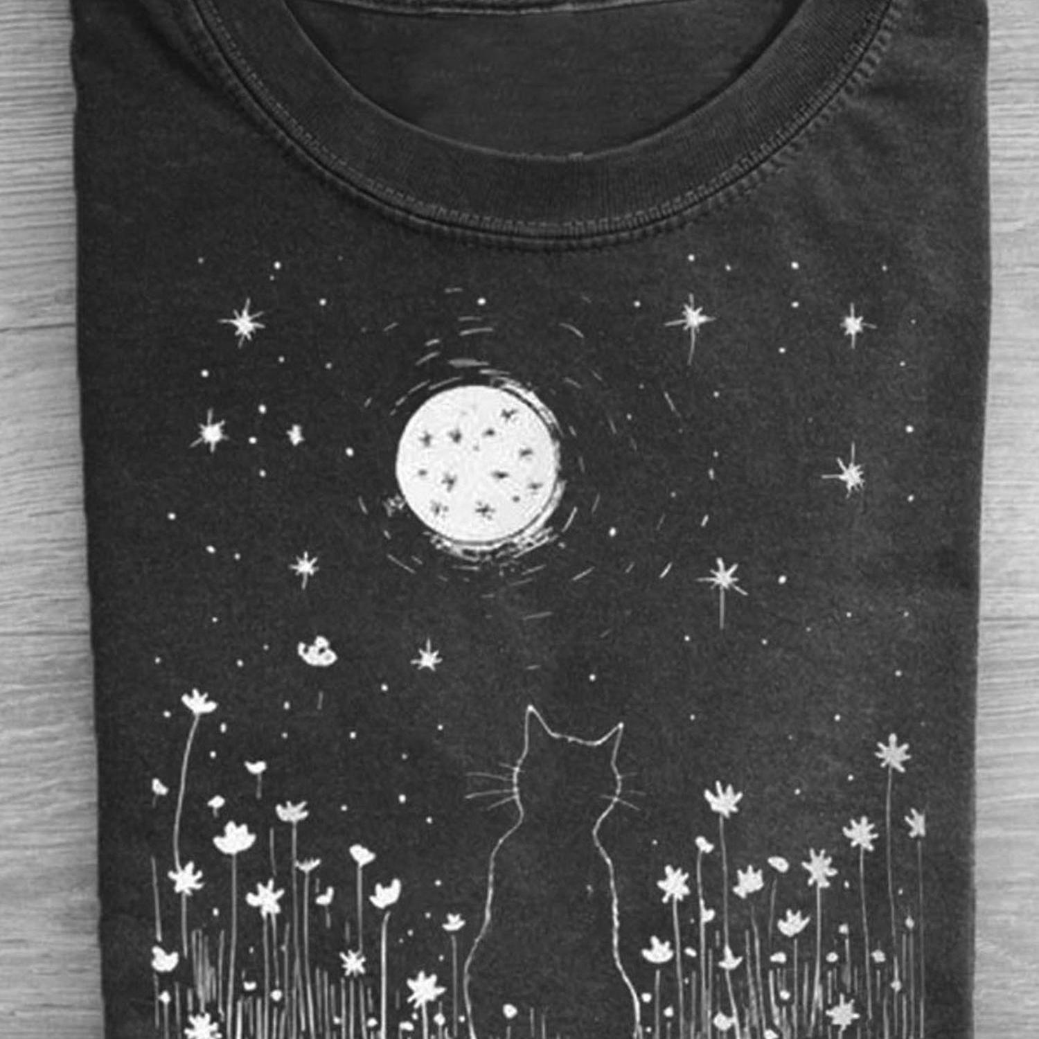 TEMU 1pc Heavyweight 180g Cotton T-shirt Suitable For - & Floral Print With Sleeping Cat, Daisies & Starry Night Design, Loose Fit Round Neck Short