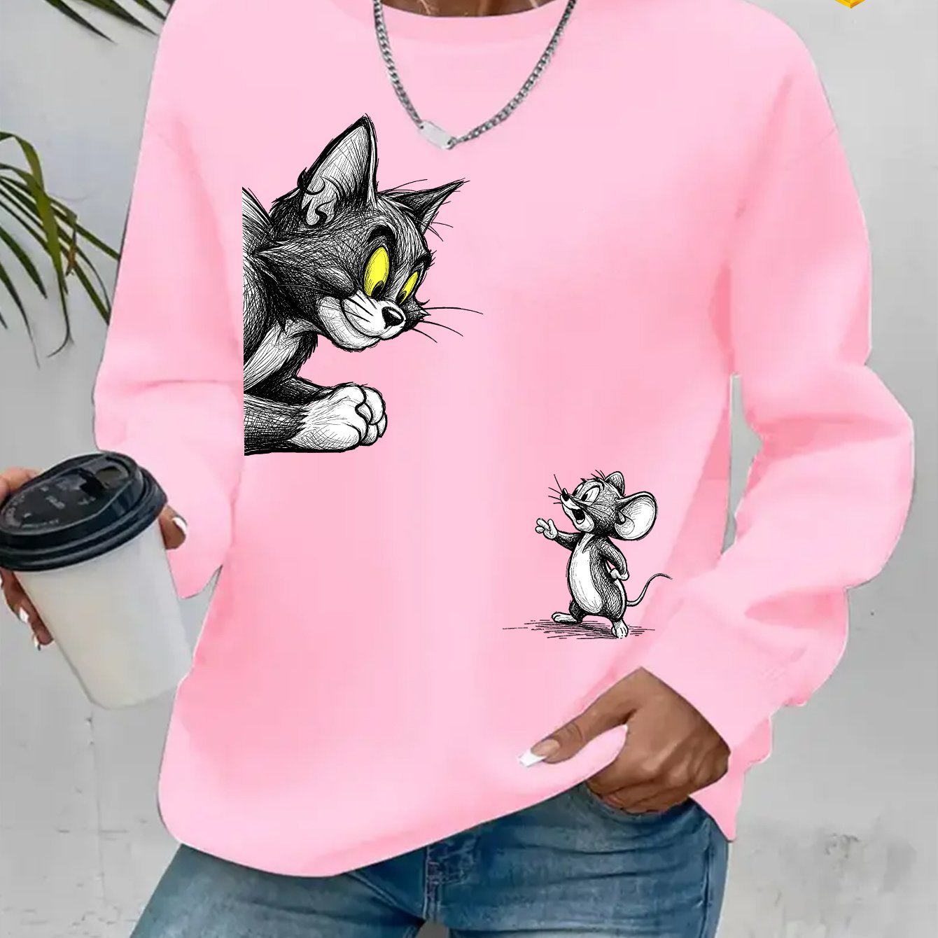 TEMU Warner Official Authorization, Plus Size Women's Casual Sports Hoodie, Black And White Sketch Print, Women's Pullover, Versatile Long Sleeved